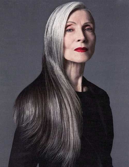 Woman over 70 with sleek Straight Length With a Center Part — long hairstyle inspiration for women over 70