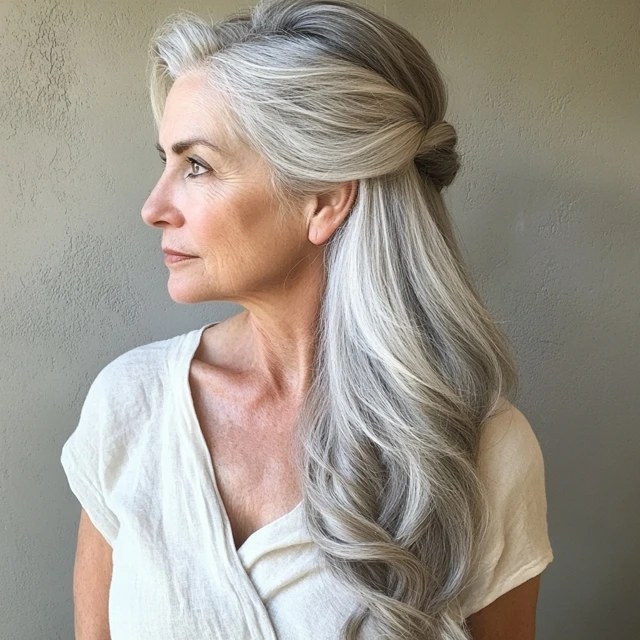 Woman over 70 with half-Up Twist That Keeps Length on Show — long hairstyle inspiration for women over 70