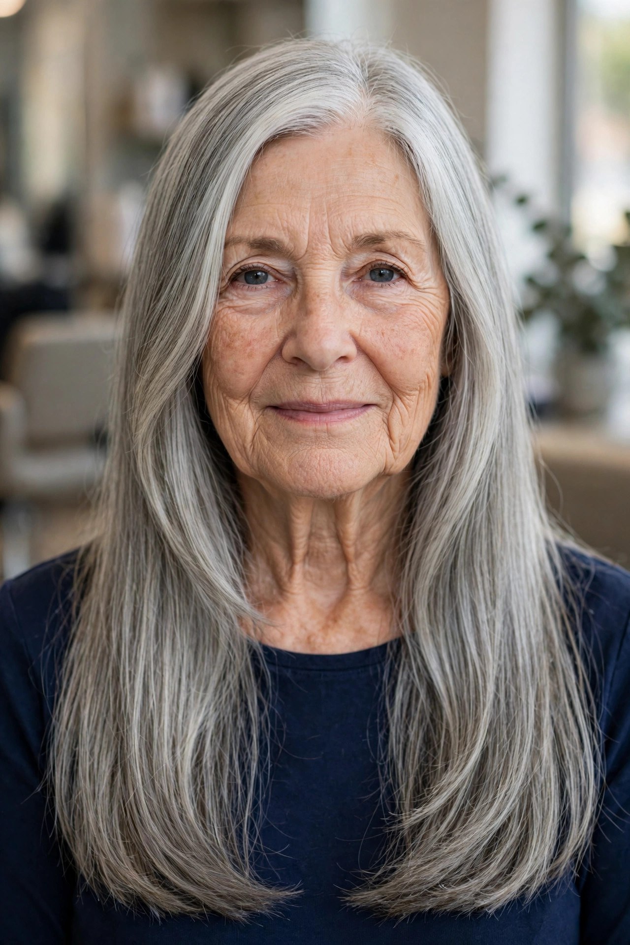 Classic Cheekbone-Framing Layers - long layered hair with face-framing pieces on a woman over 60
