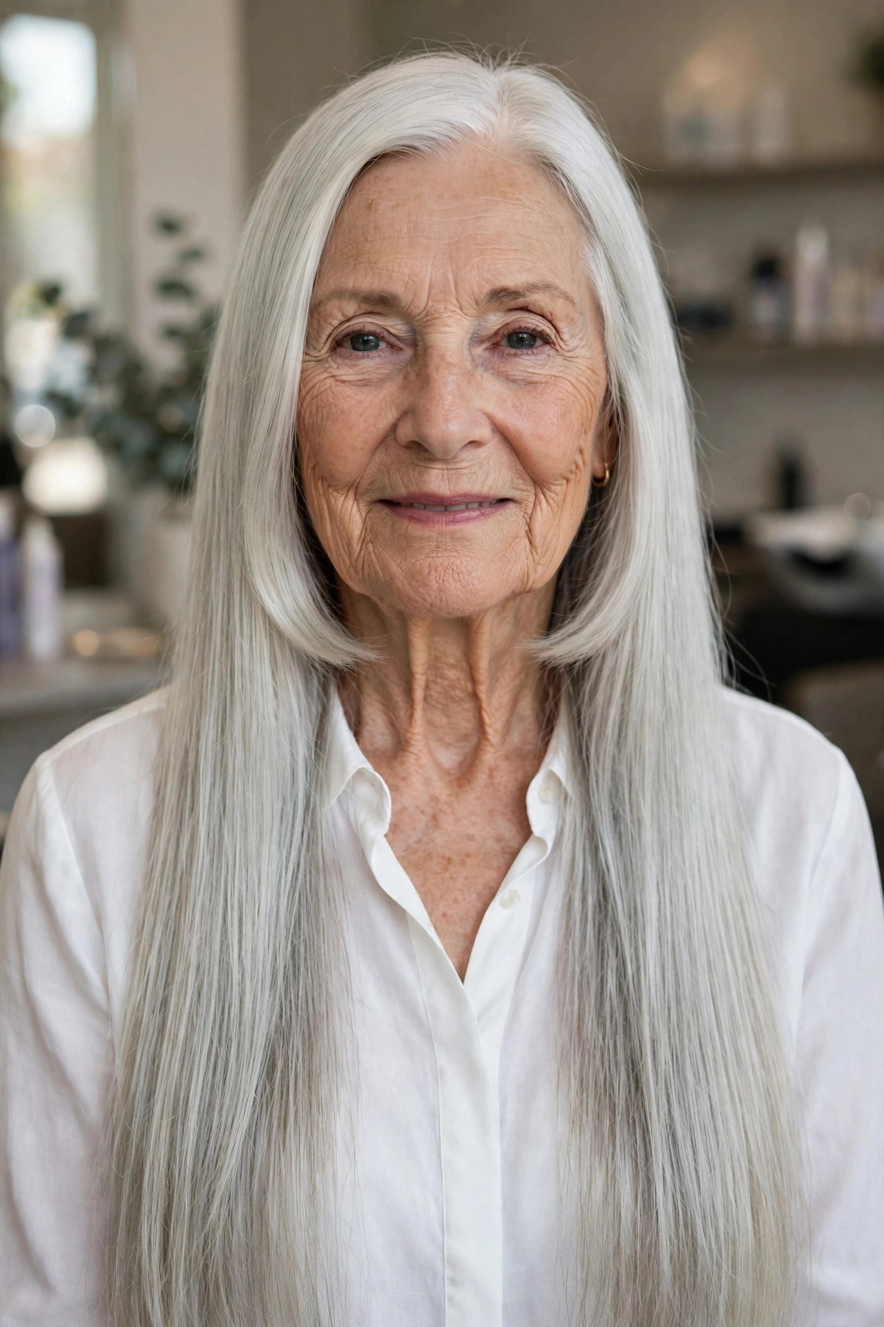 Sleek Straight Layers with Chin-Length Front Pieces - long layered hair with face-framing pieces on a woman over 60
