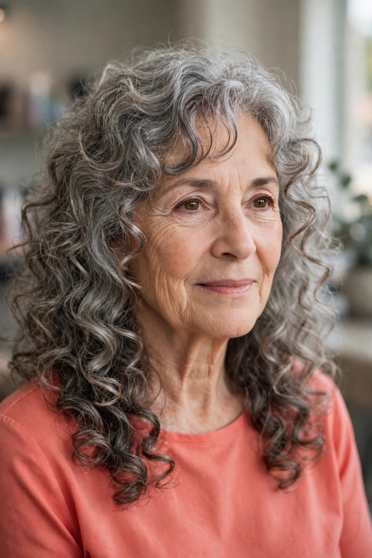 Voluminous Curls with Face-Framing Layers - long layered hair with face-framing pieces on a woman over 60