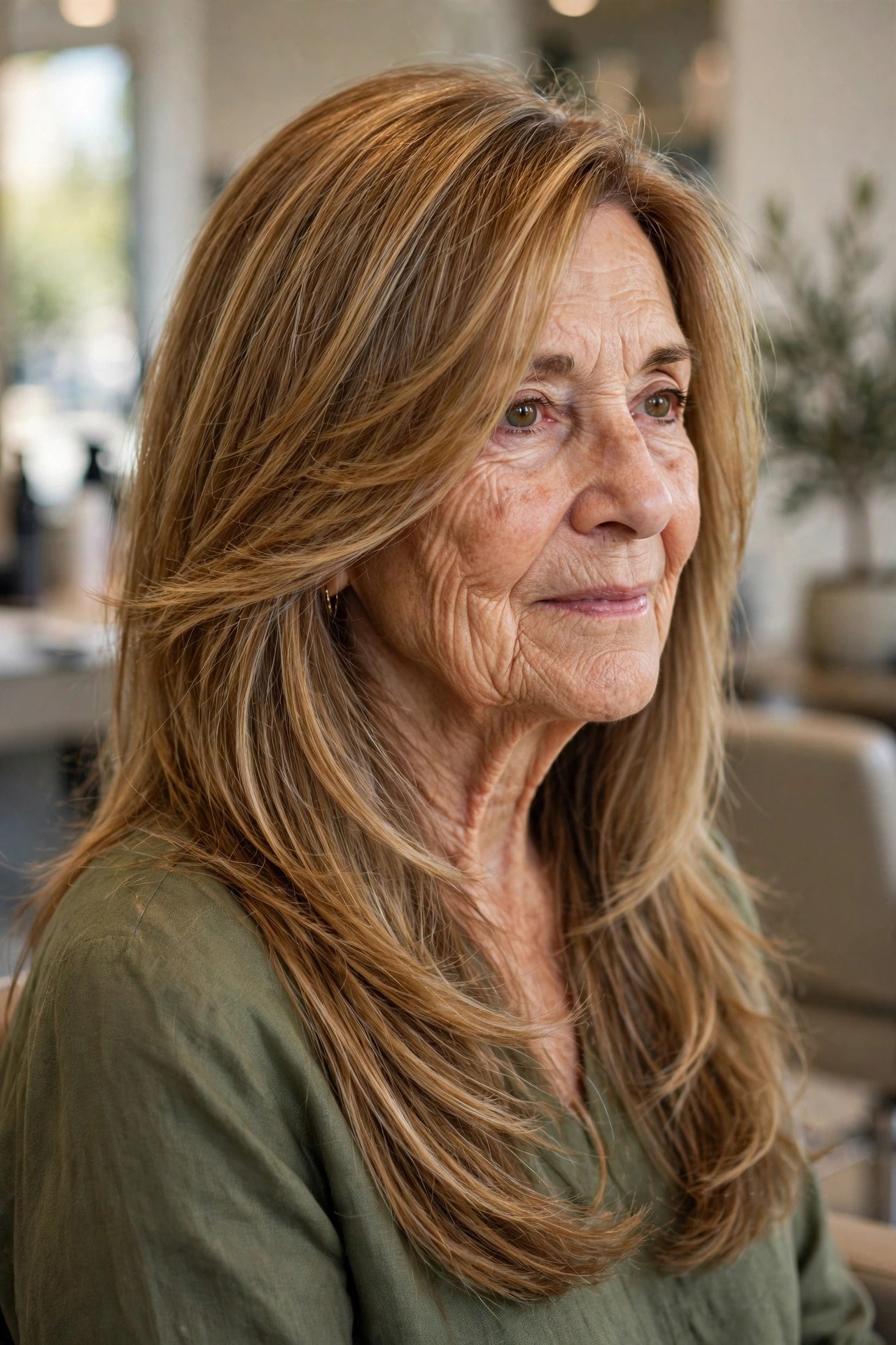 Side Part with a Sweeping Fringe - long layered hair with face-framing pieces on a woman over 60