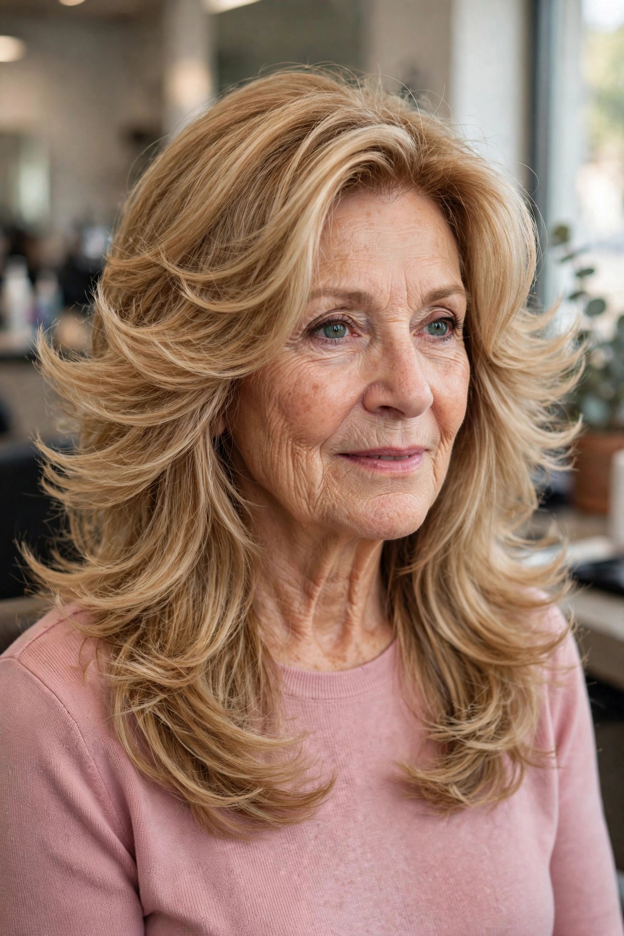 Butterfly Layers with Winged Framing - long layered hair with face-framing pieces on a woman over 60