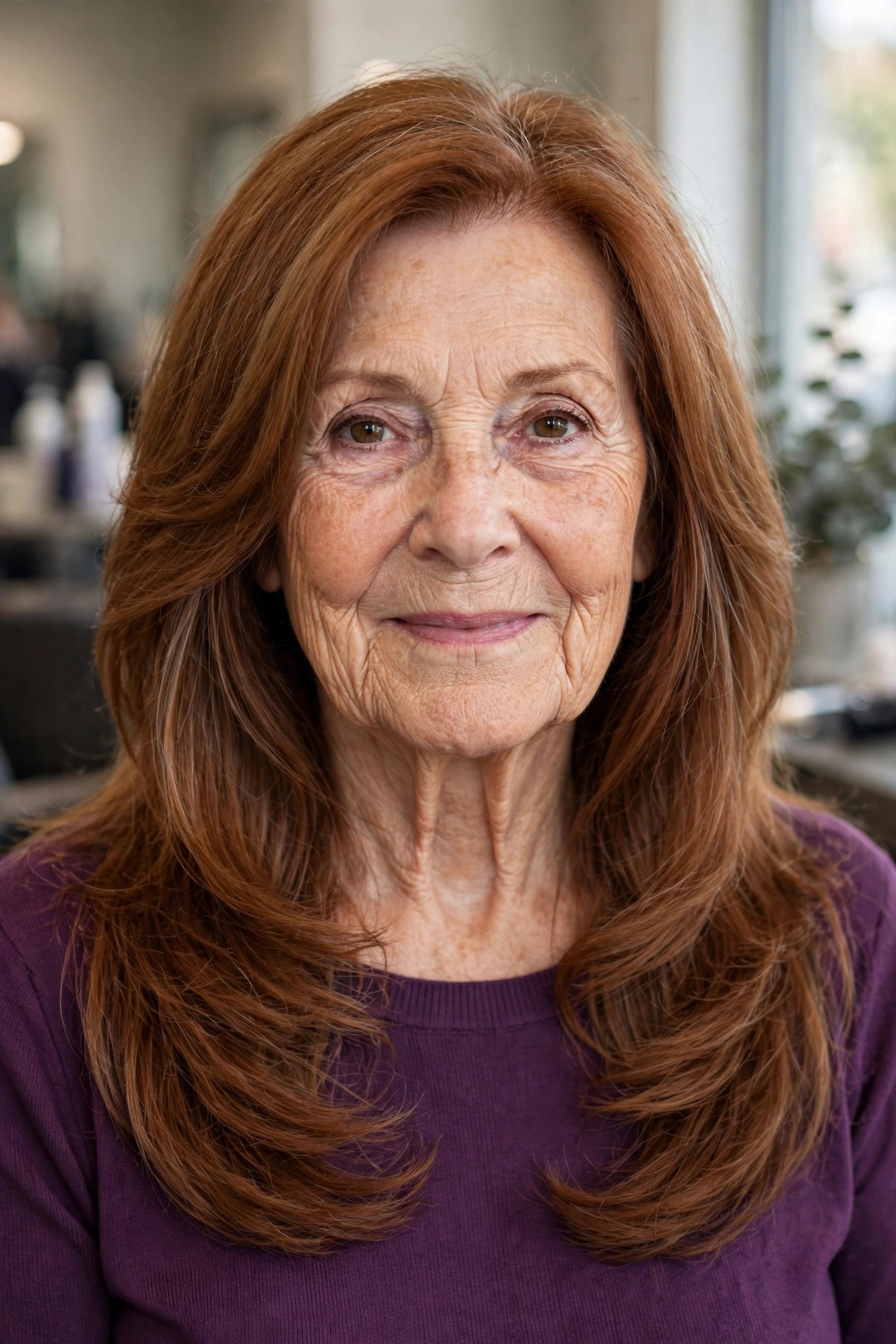 Tapered Front Layers for Square Faces - long layered hair with face-framing pieces on a woman over 60