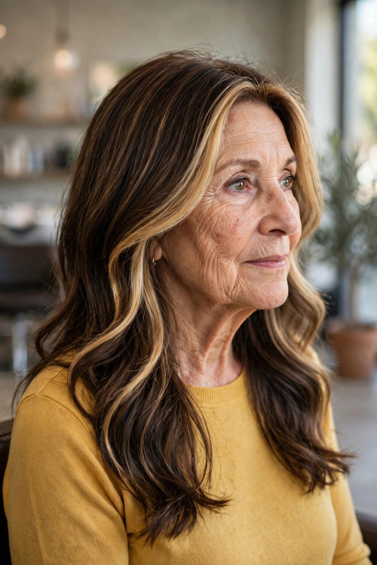 Balayage Money-Piece Face Frame - long layered hair with face-framing pieces on a woman over 60