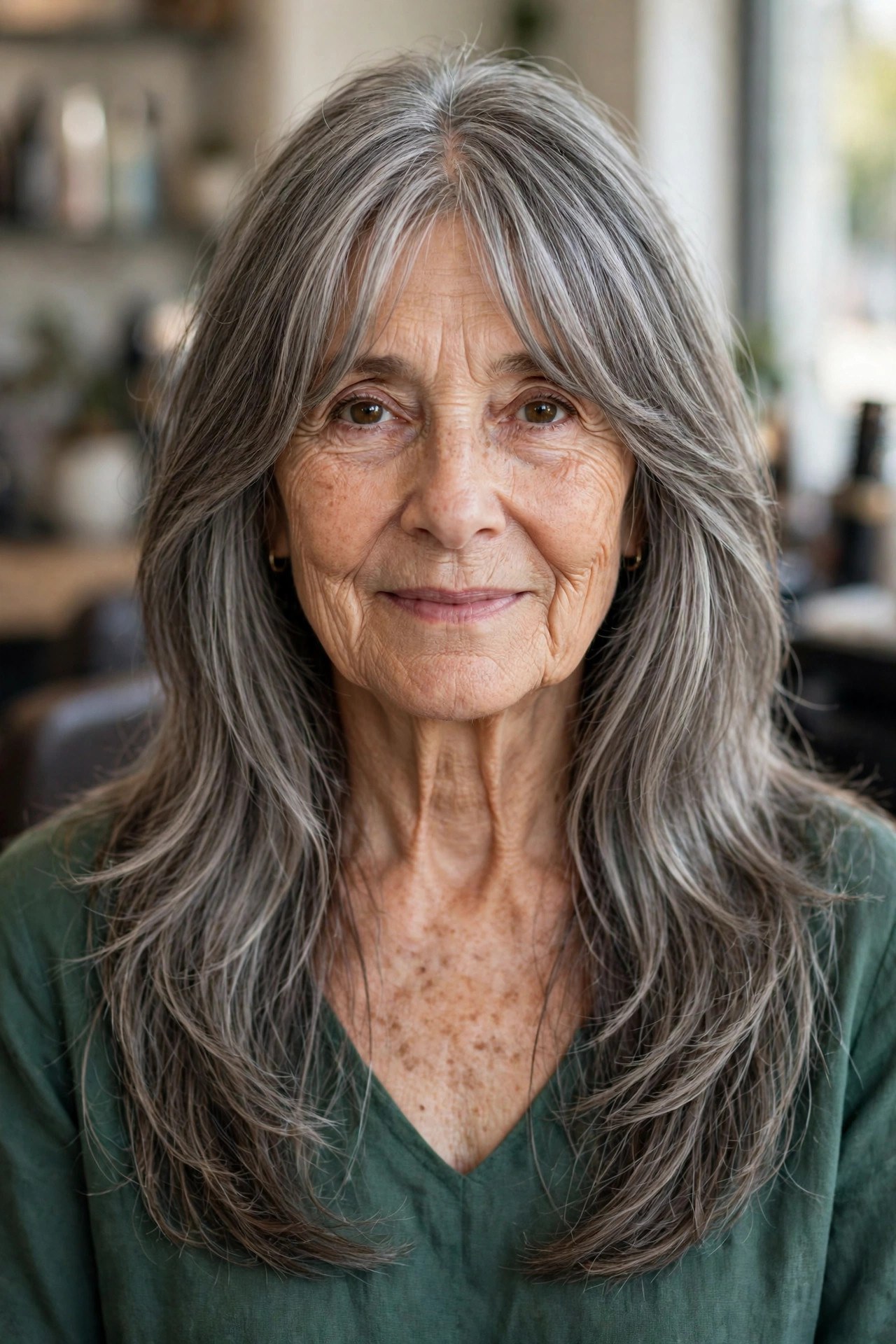 Grown-Out Curtain Bangs with Long Layers - long layered hair with face-framing pieces on a woman over 60