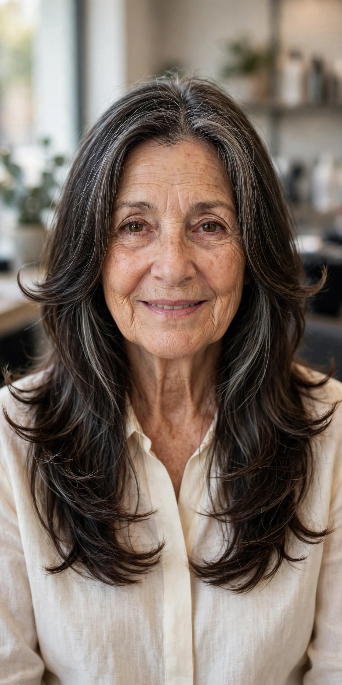 Flipped-Out Ends with Face-Framing Pieces - long layered hair with face-framing pieces on a woman over 60