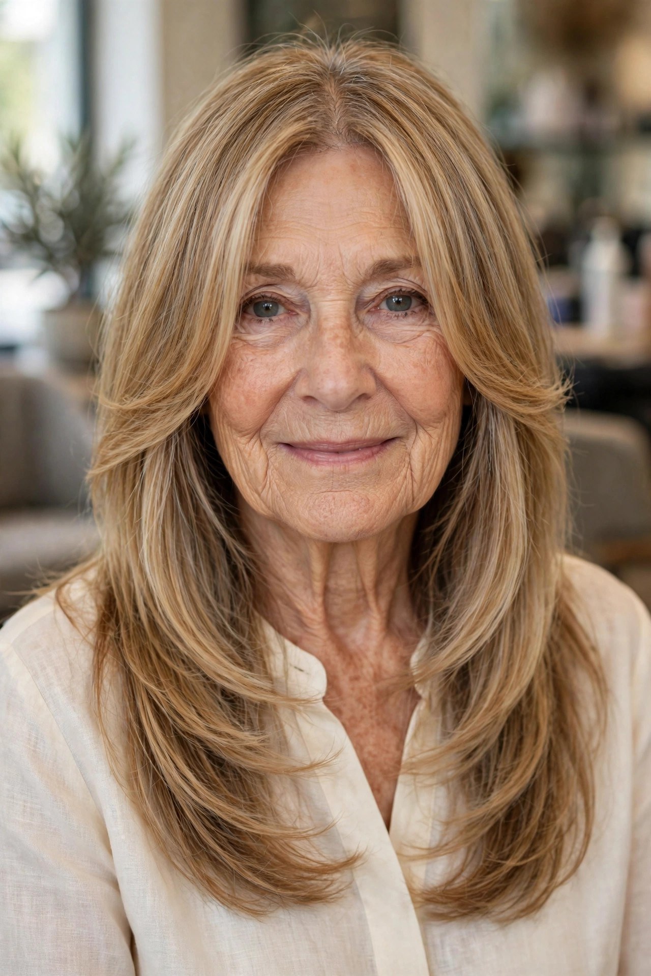 Curtain Face-Framing Pieces - long layered hair with face-framing pieces on a woman over 60