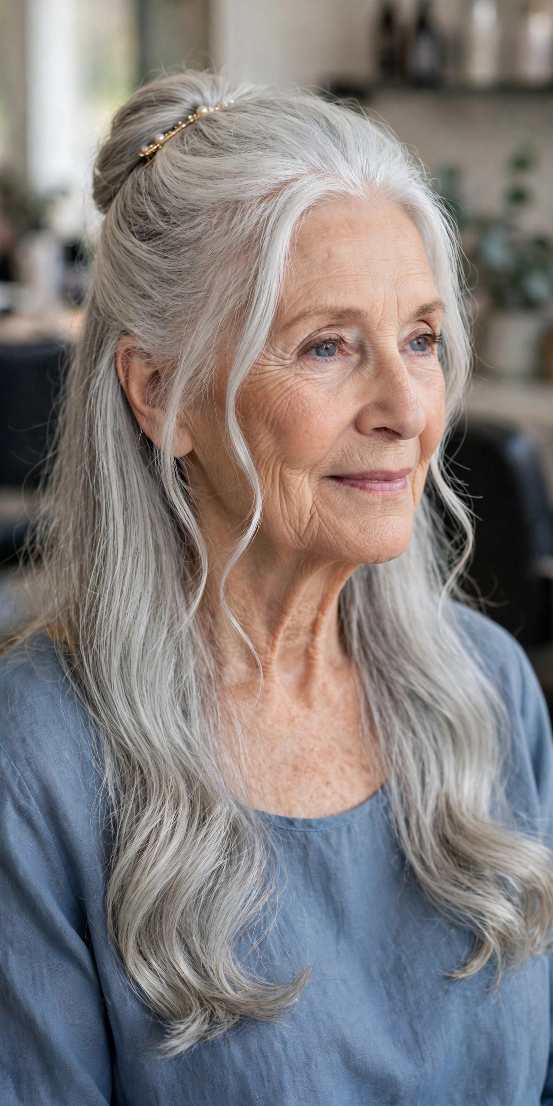 Half-Up Layers with Loose Framing Tendrils - long layered hair with face-framing pieces on a woman over 60