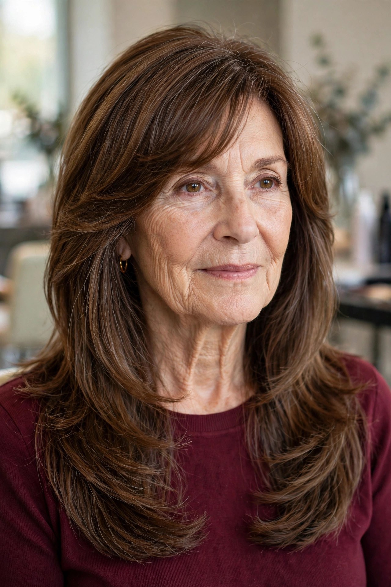 Feathered Layers with a Side-Swept Fringe - long layered hair with face-framing pieces on a woman over 60