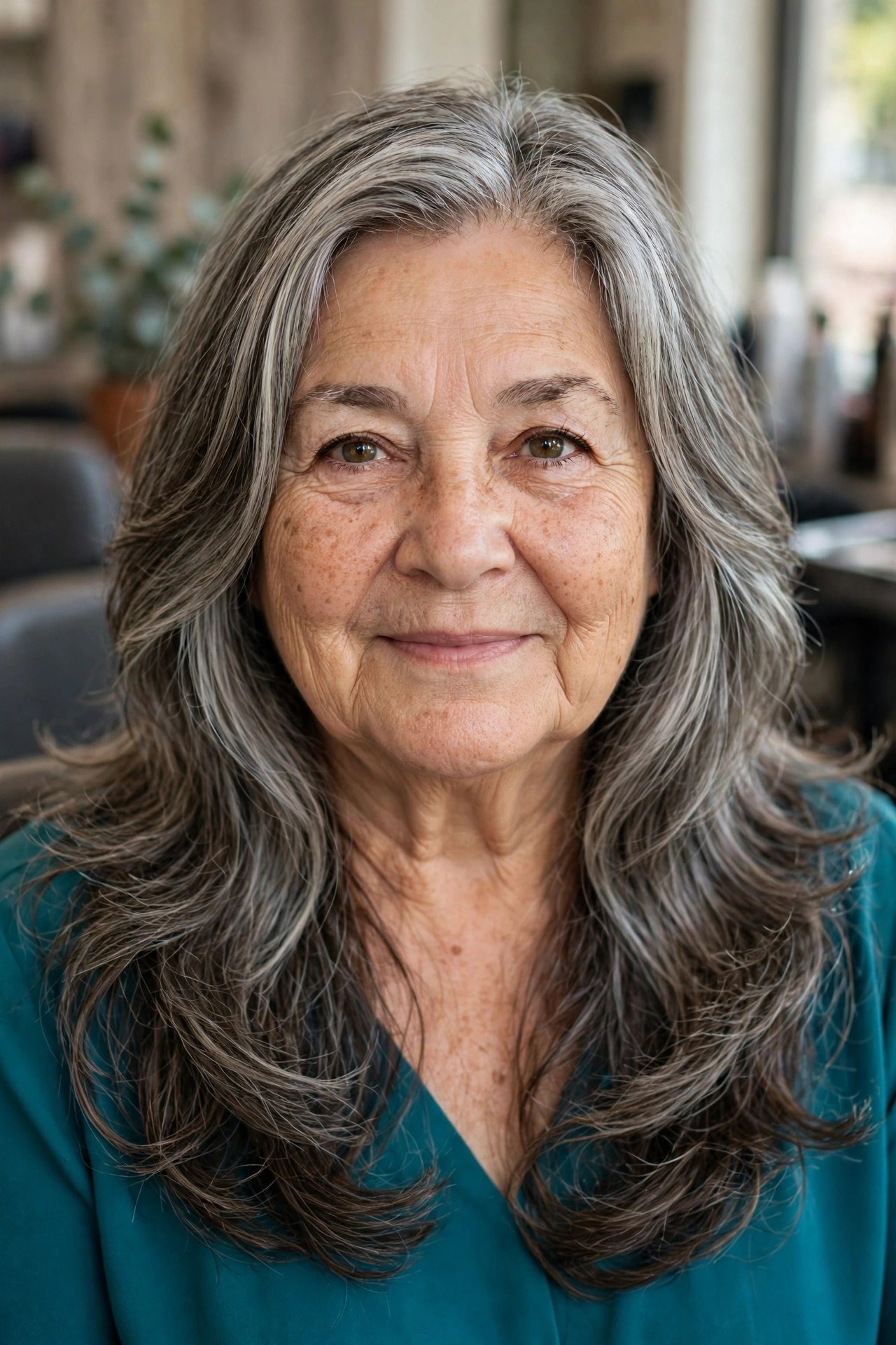 Jawline-Skimming Front Layers - long layered hair with face-framing pieces on a woman over 60