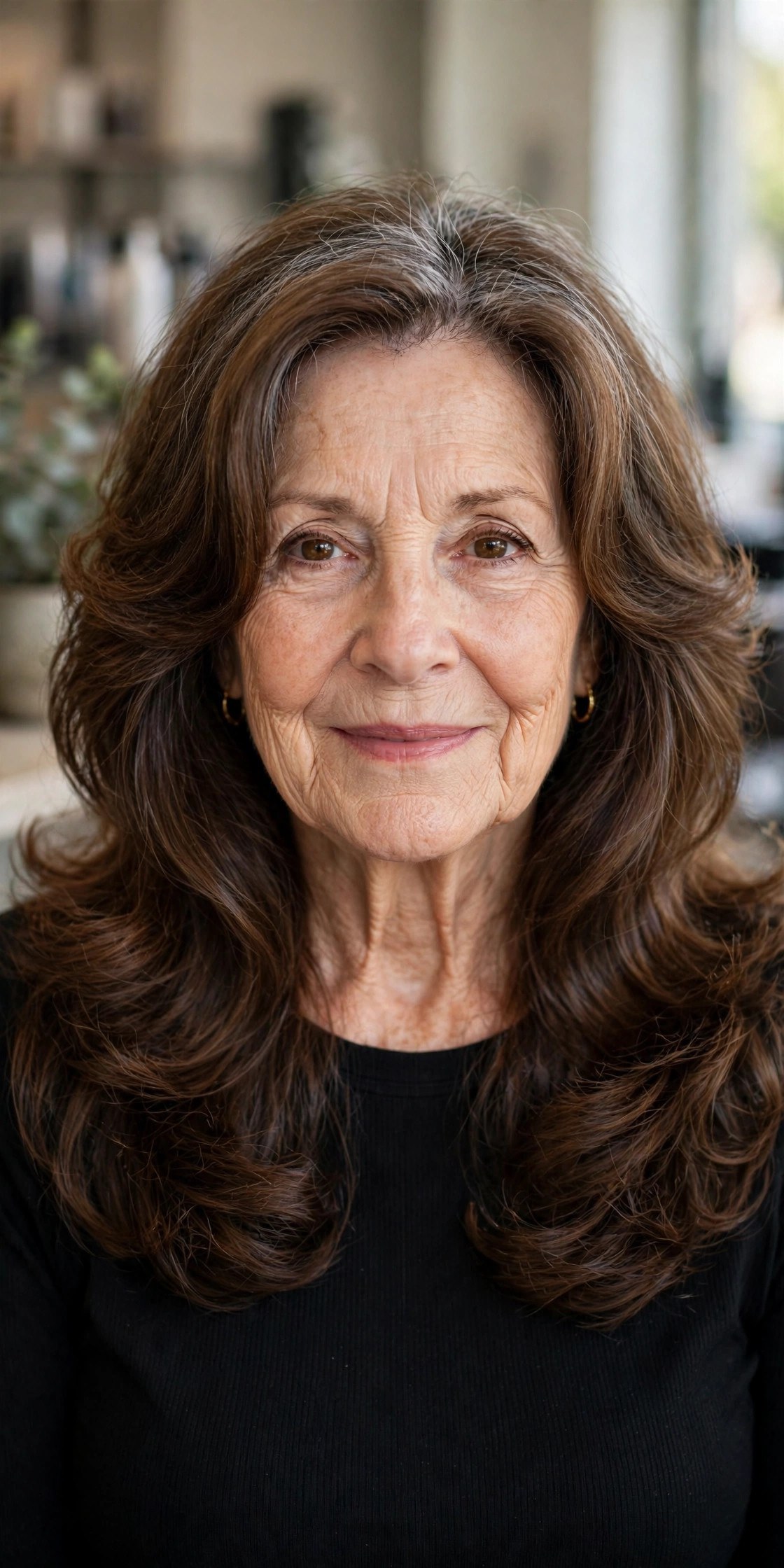 Layered Blowout with Curtain Pieces - long layered hair with face-framing pieces on a woman over 60