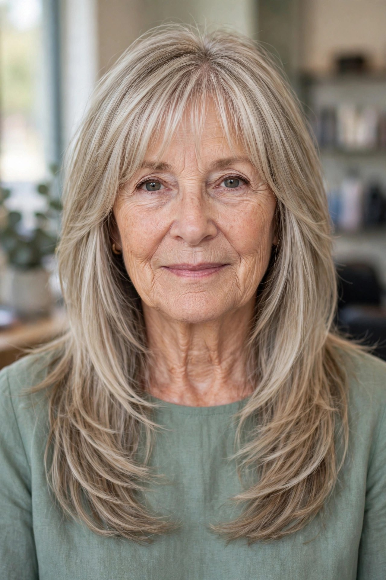 Wispy Bangs with Face-Framing Layers - long layered hair with face-framing pieces on a woman over 60