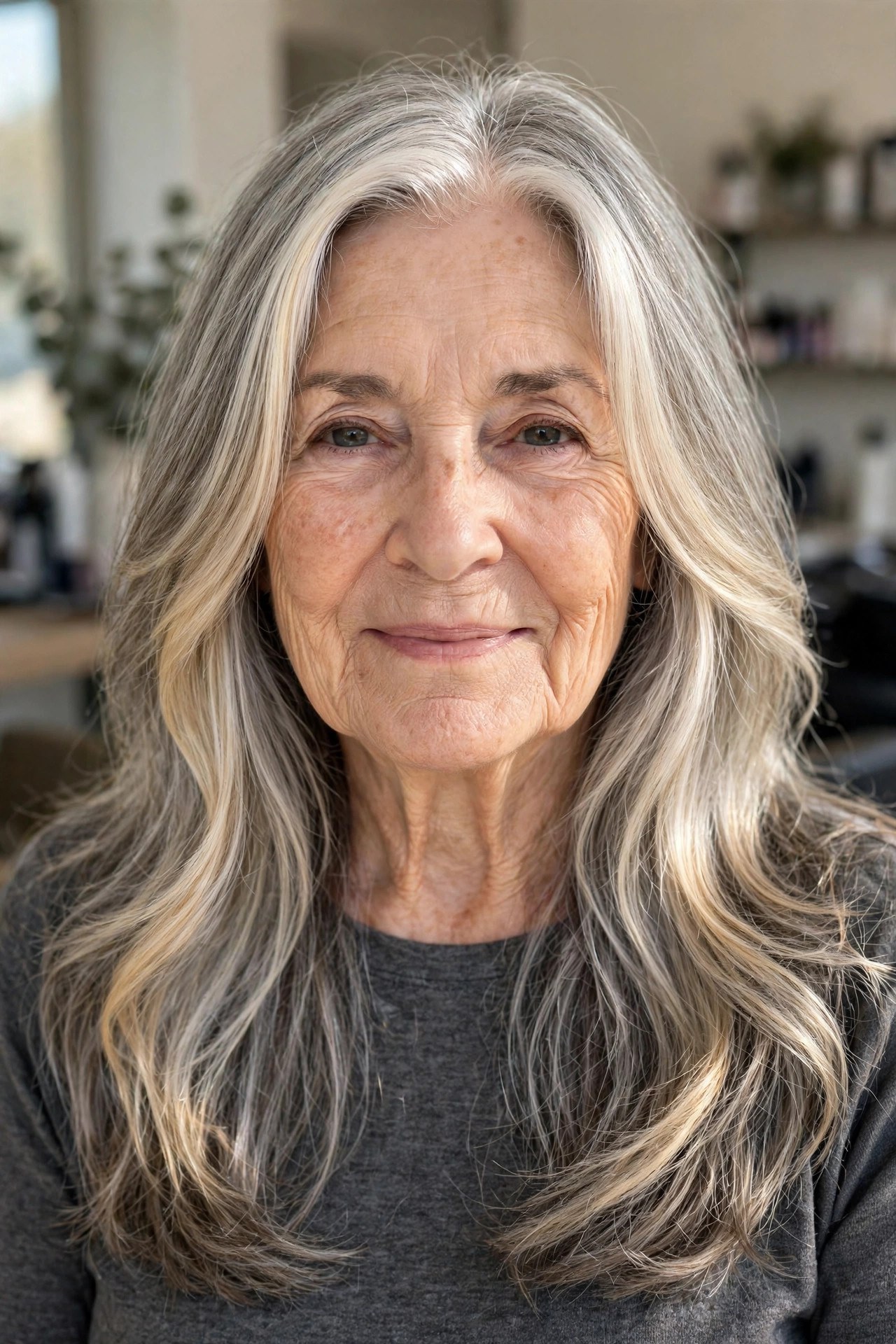 Face-Framing Highlights on Long Gray Layers - long layered hair with face-framing pieces on a woman over 60