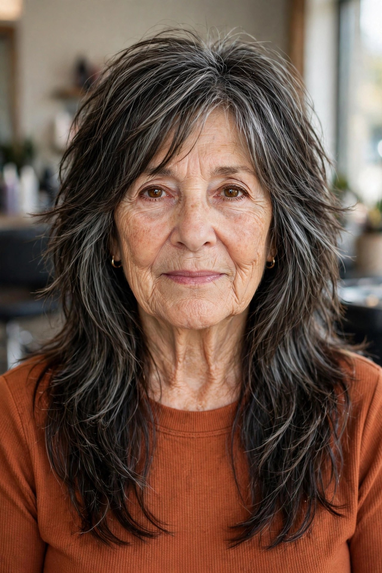Long Shag Layers with Choppy Framing - long layered hair with face-framing pieces on a woman over 60