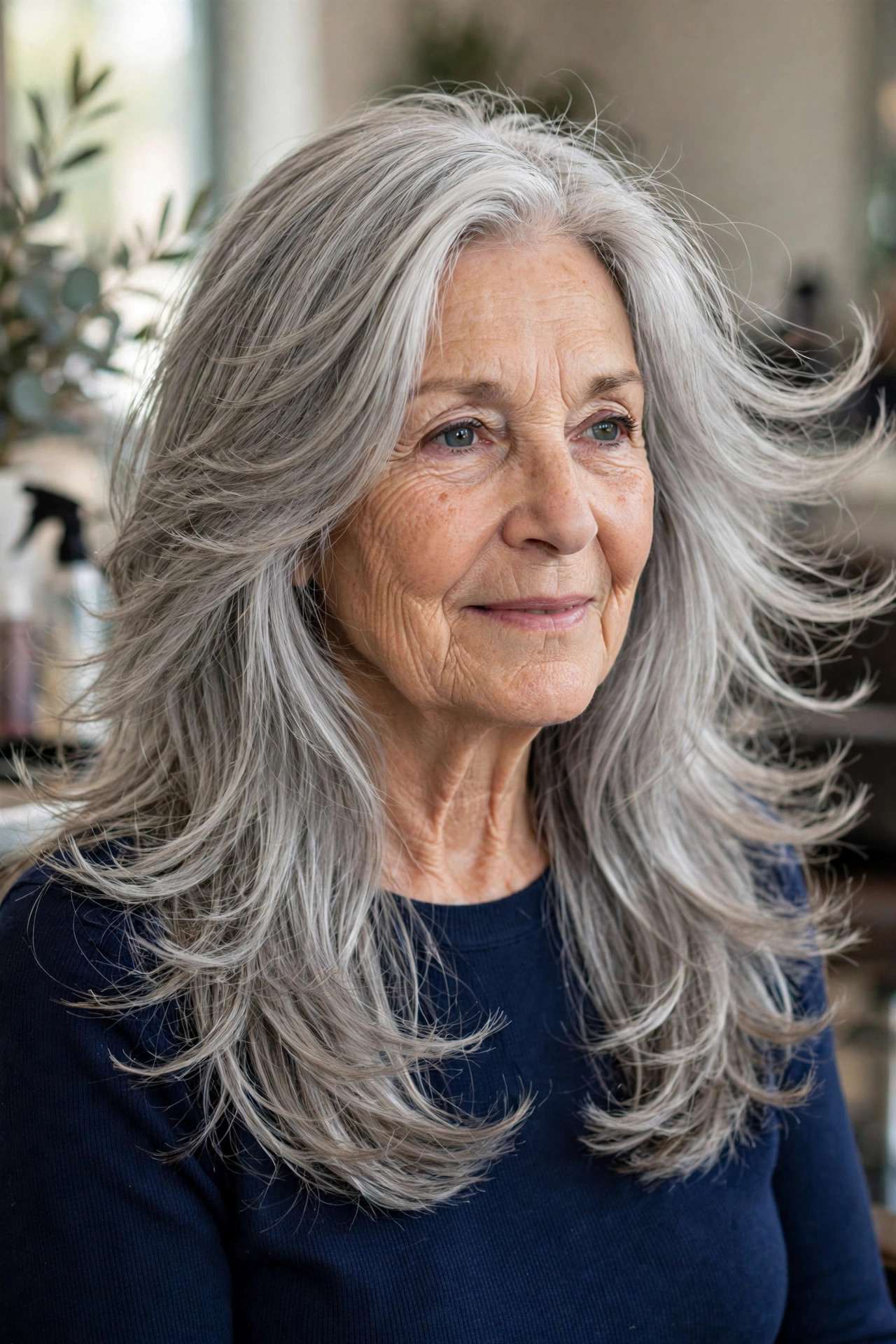 Long feathered layers with silver streaks on a woman over 50