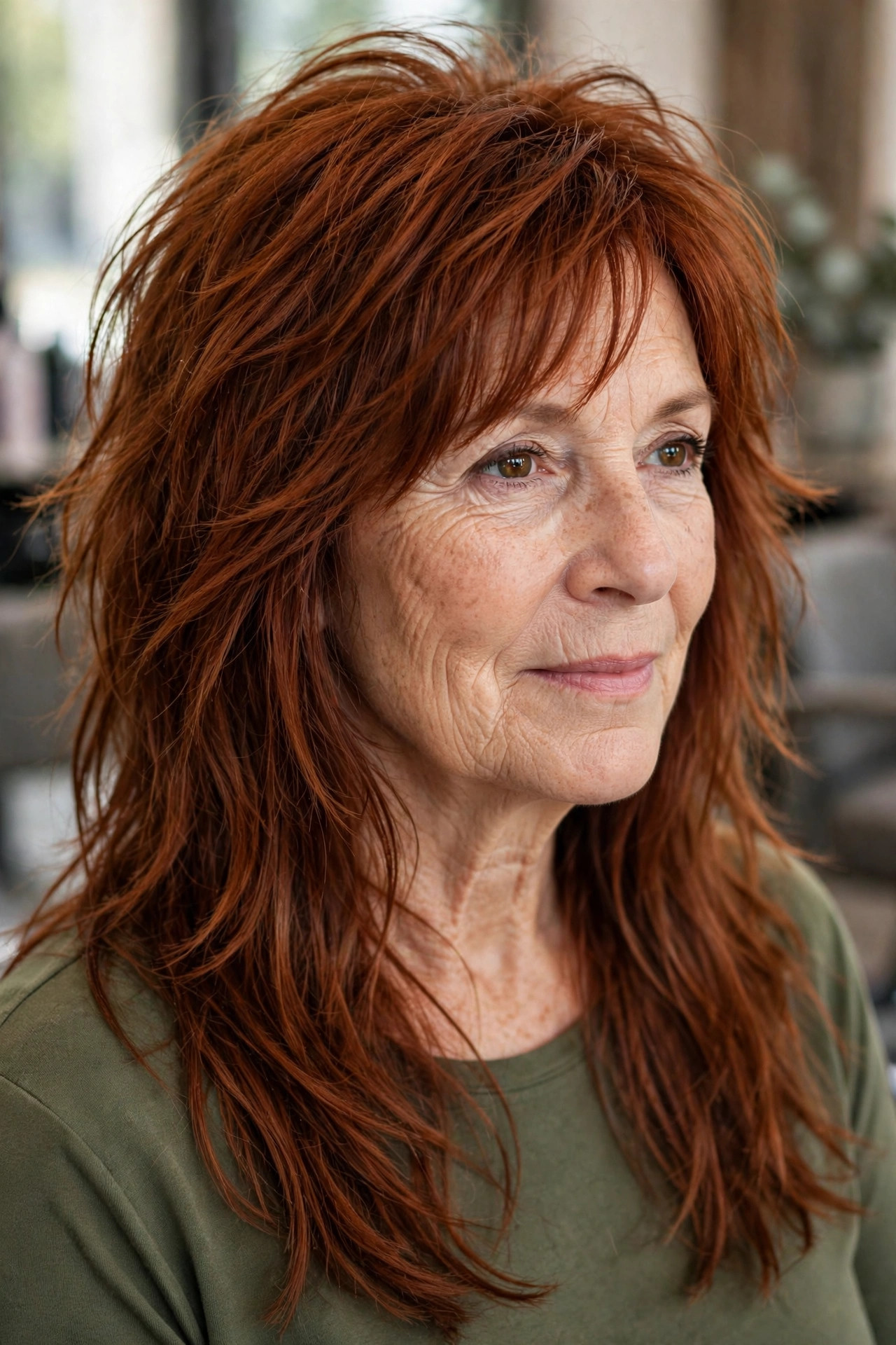 Choppy long layers in warm copper on a woman over 50