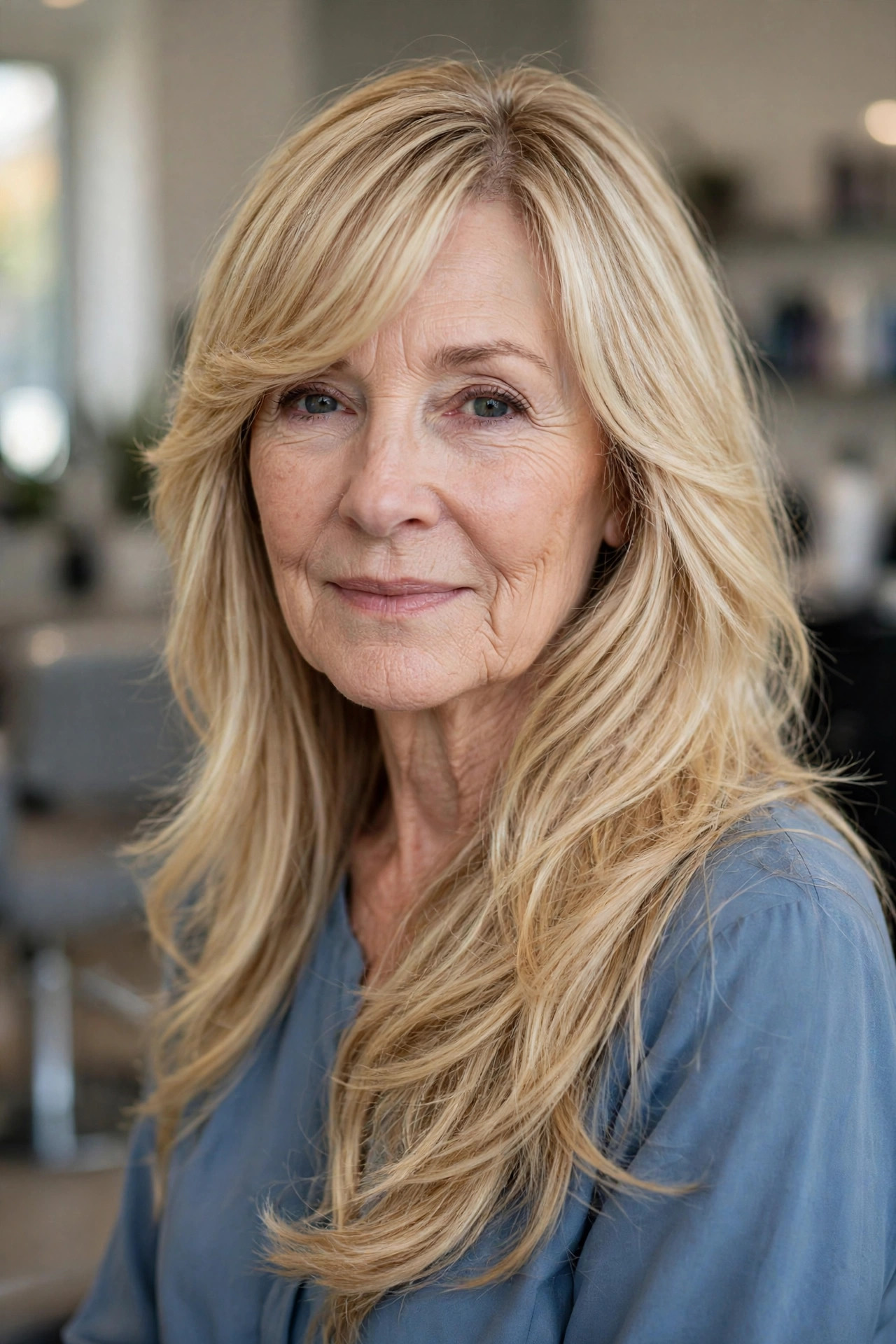 Long layers with side-swept bangs in blonde hair on a woman over 50