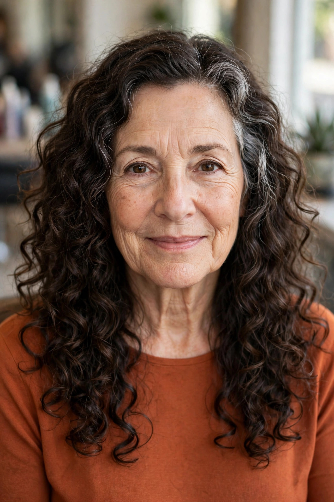 Long curly layers with natural bounce on a woman over 50
