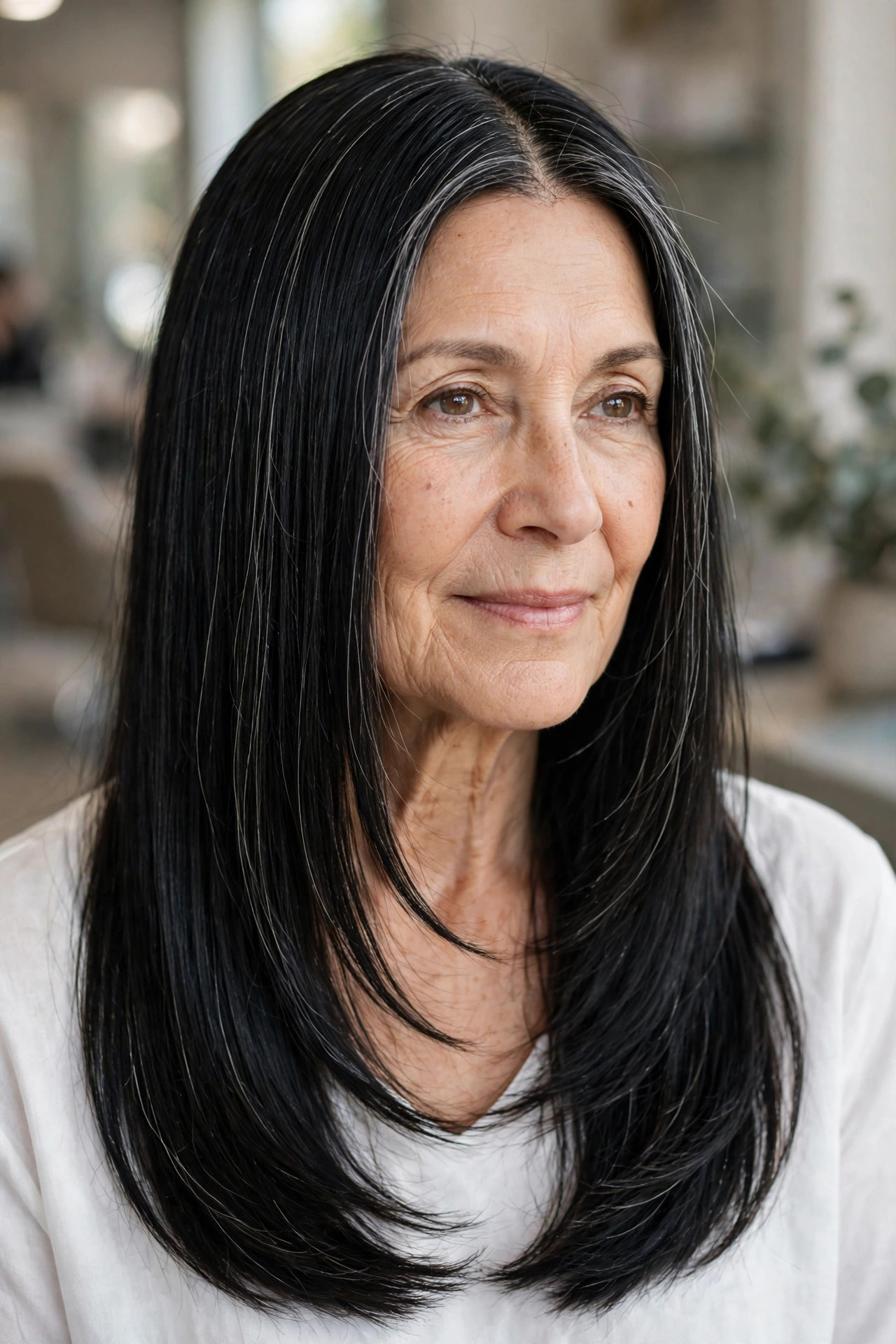Sleek straight long layers with a center part on a woman over 50