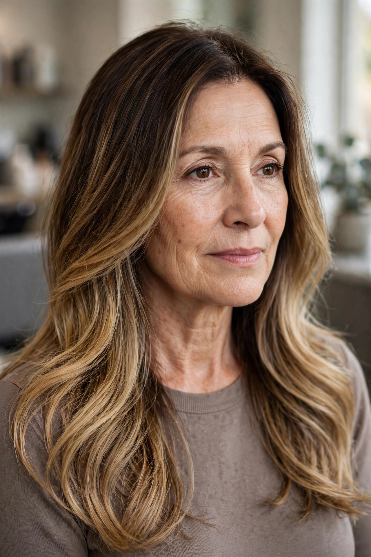 Long layers with balayage ombre ends on a woman over 50