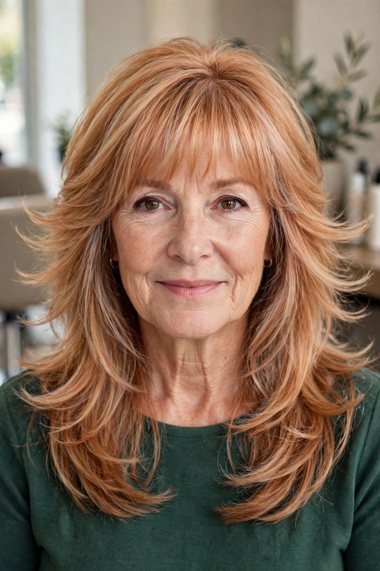 Feathered layers with a soft full fringe in strawberry blonde on a woman over 50