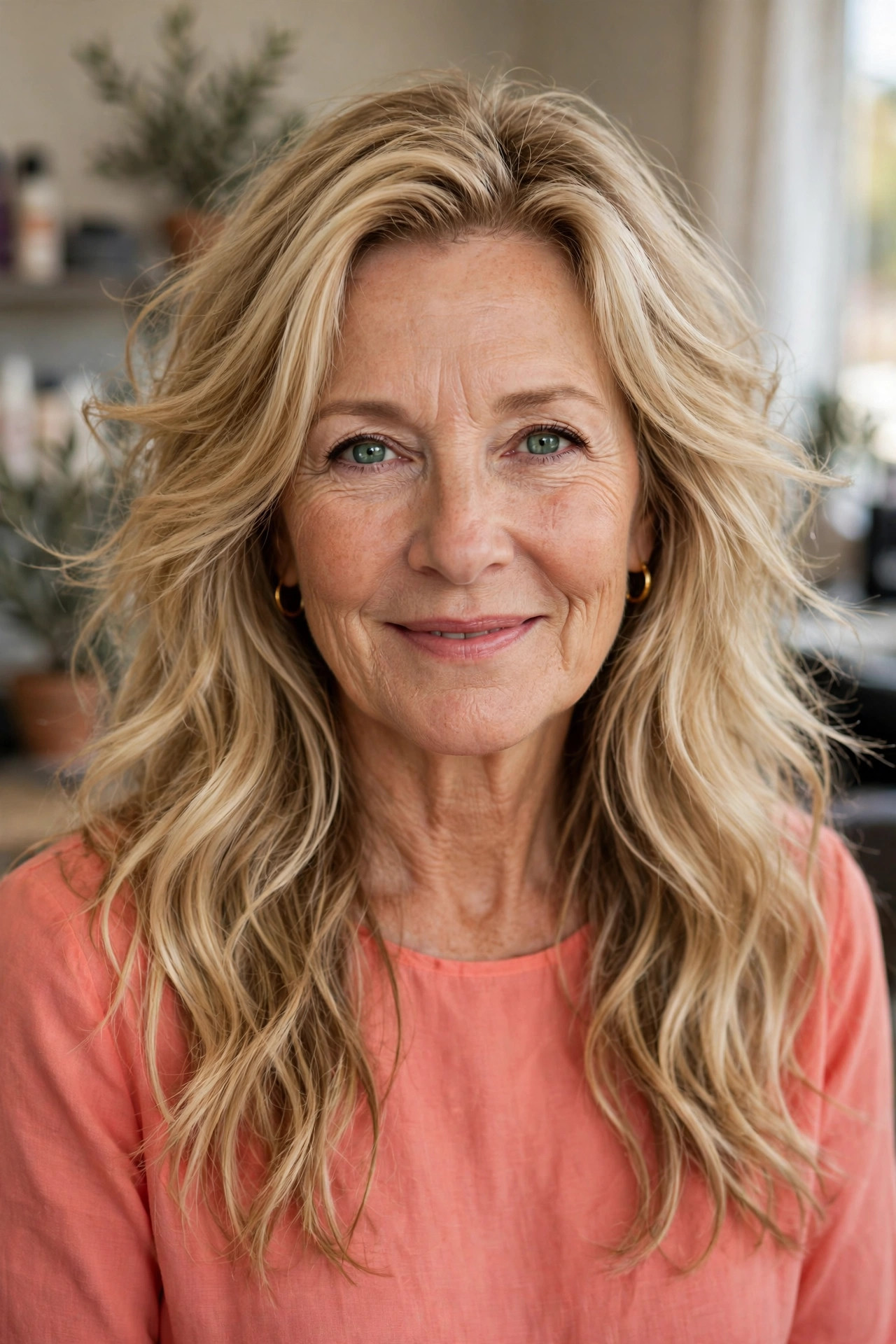 Beachy layered waves in sandy blonde on a woman over 50