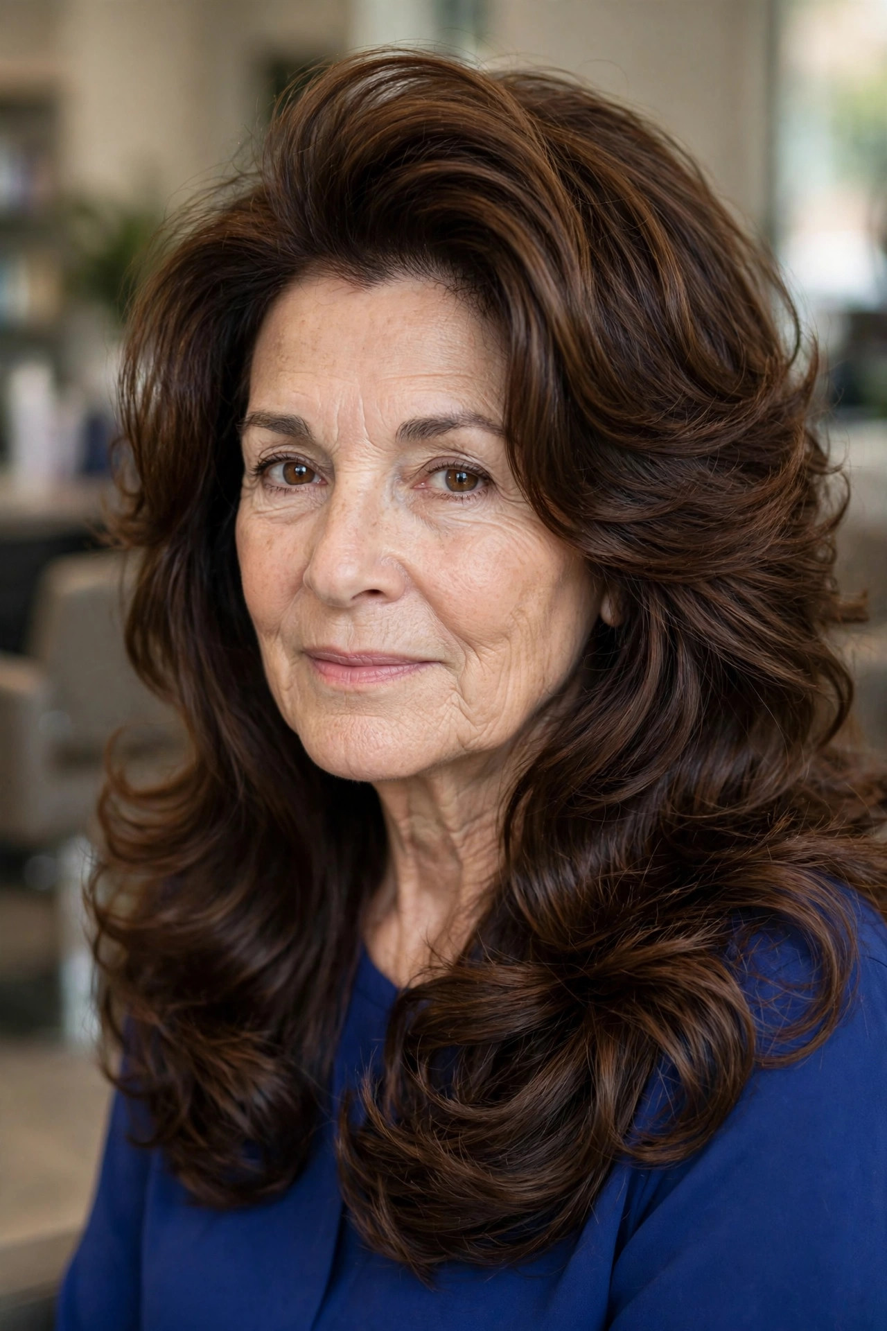 Voluminous blowout layers on a woman over 50