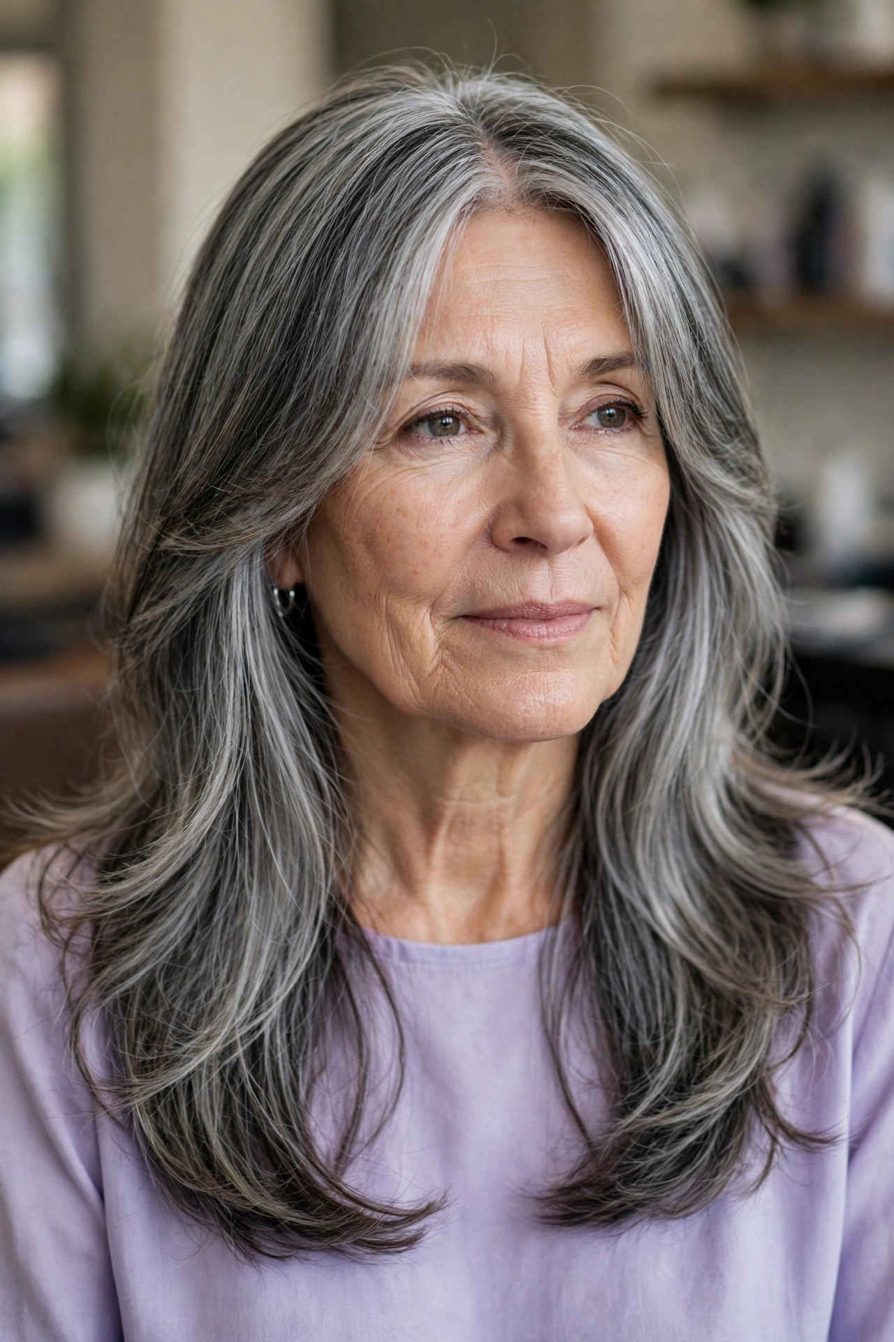 Curtain bangs with silver blend long layers on a woman over 50