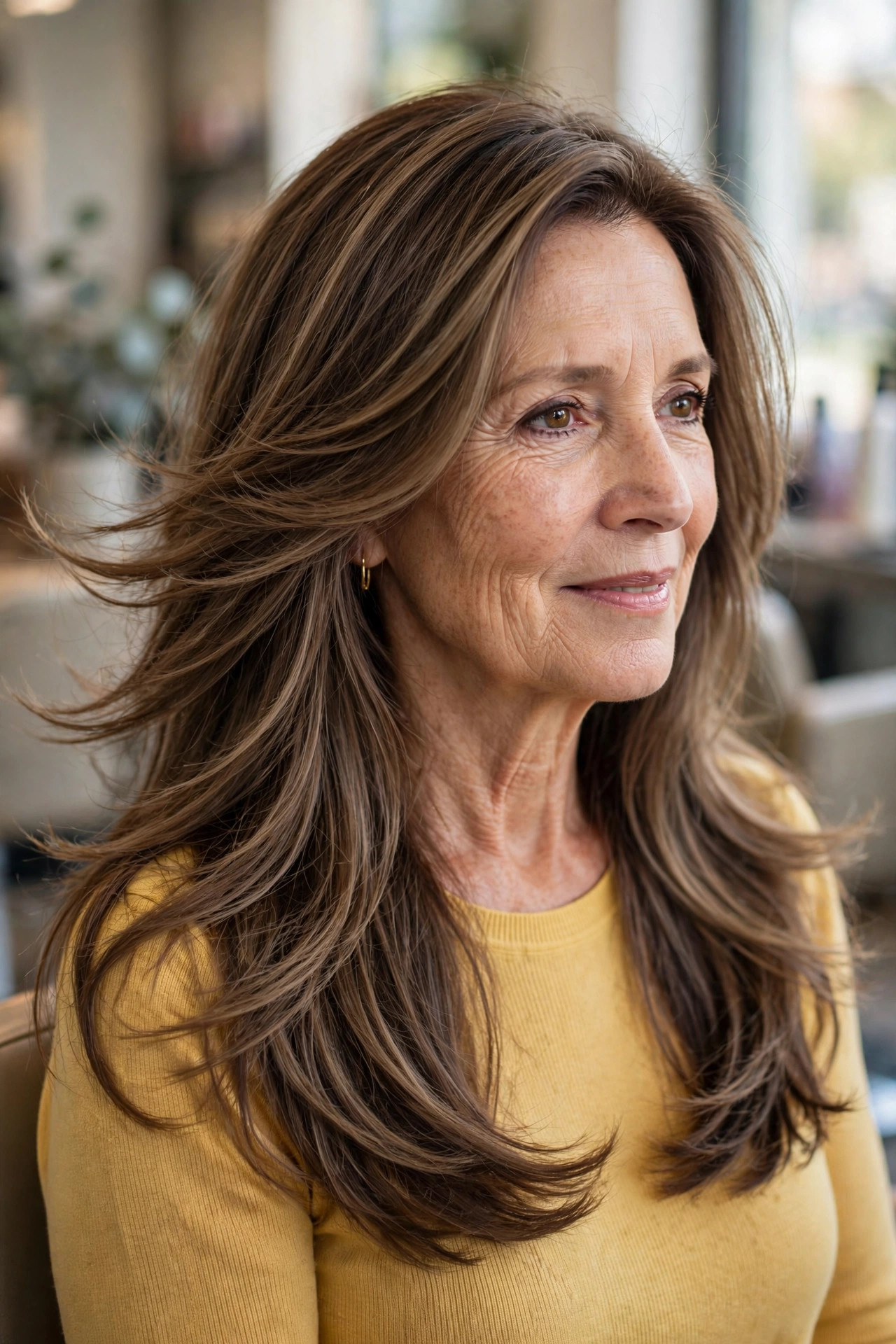 Graduated long layers with mocha lowlights on a woman over 50