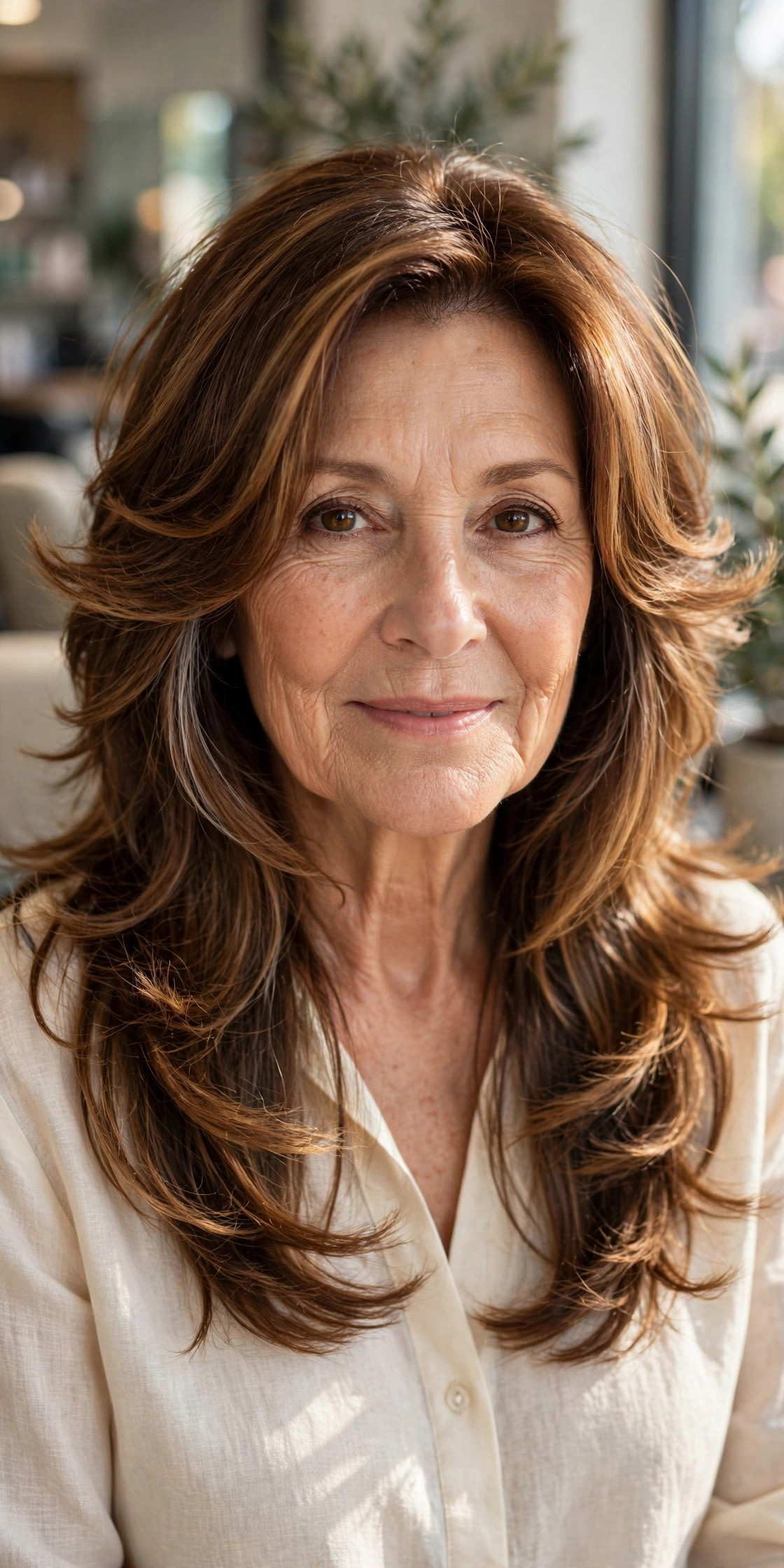 Butterfly layers with caramel balayage on a woman over 50