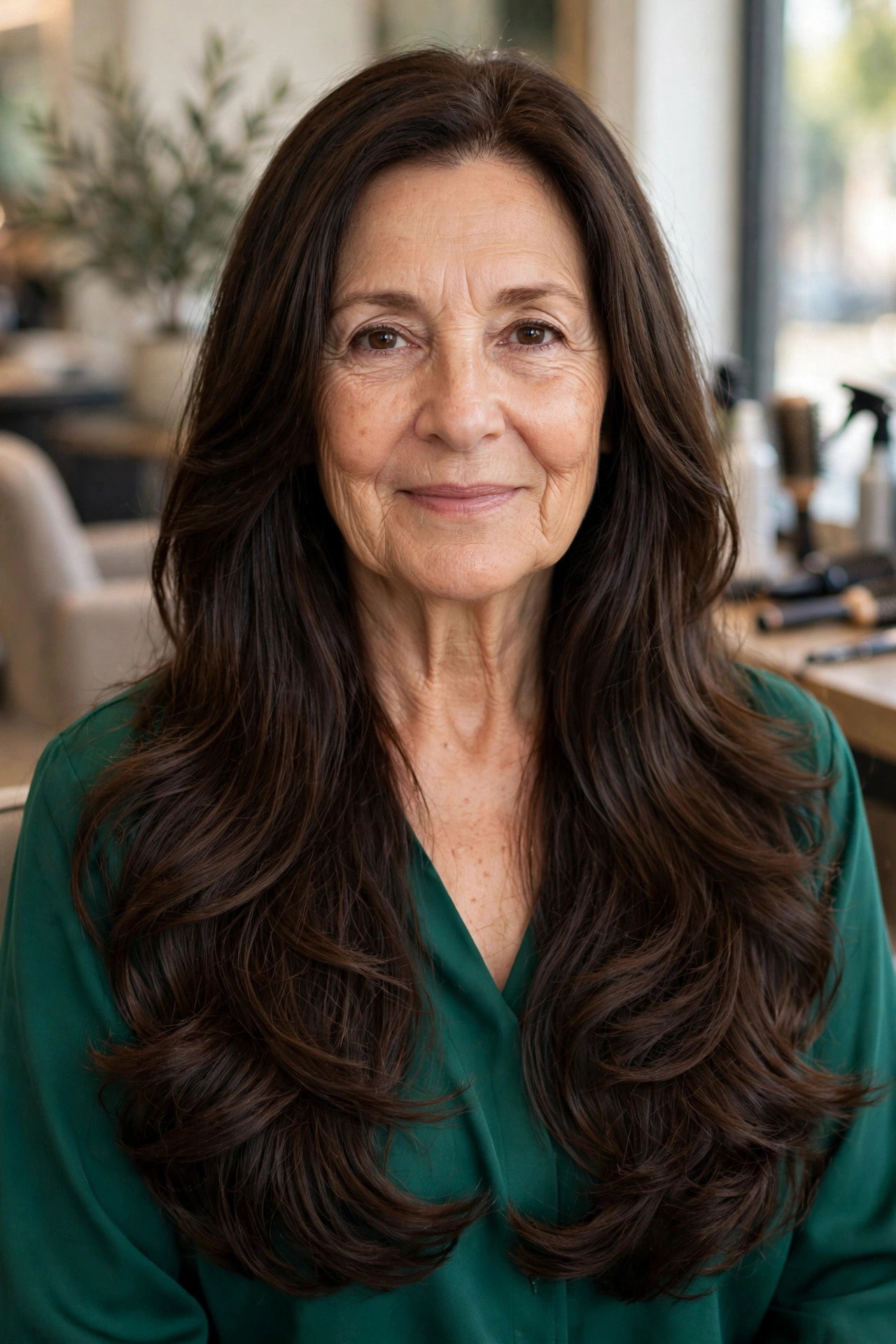 Extra-long flowing layers with gentle waves on a woman over 50