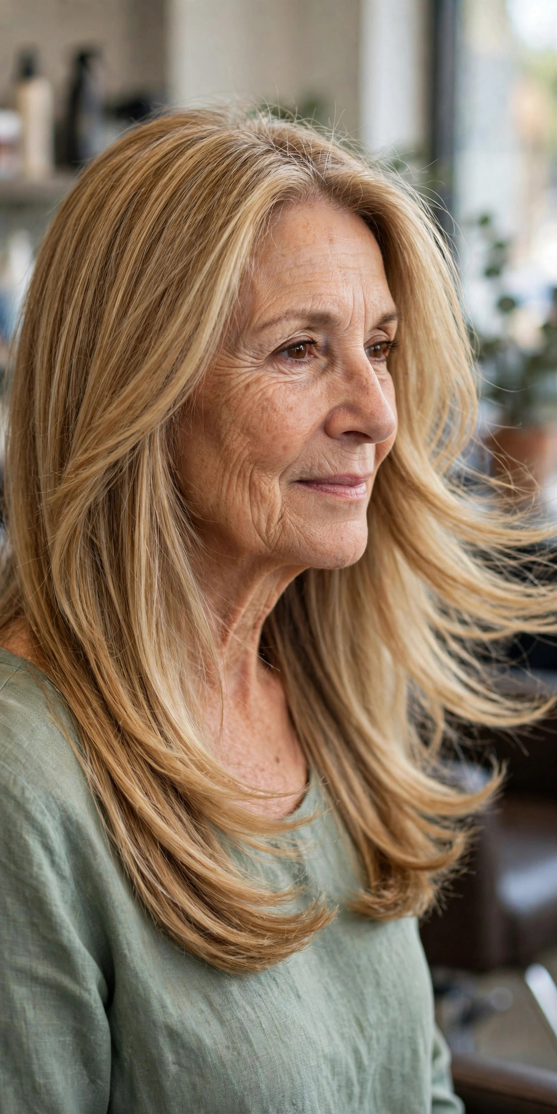 U-shaped long layers with honey blonde highlights on a woman over 50