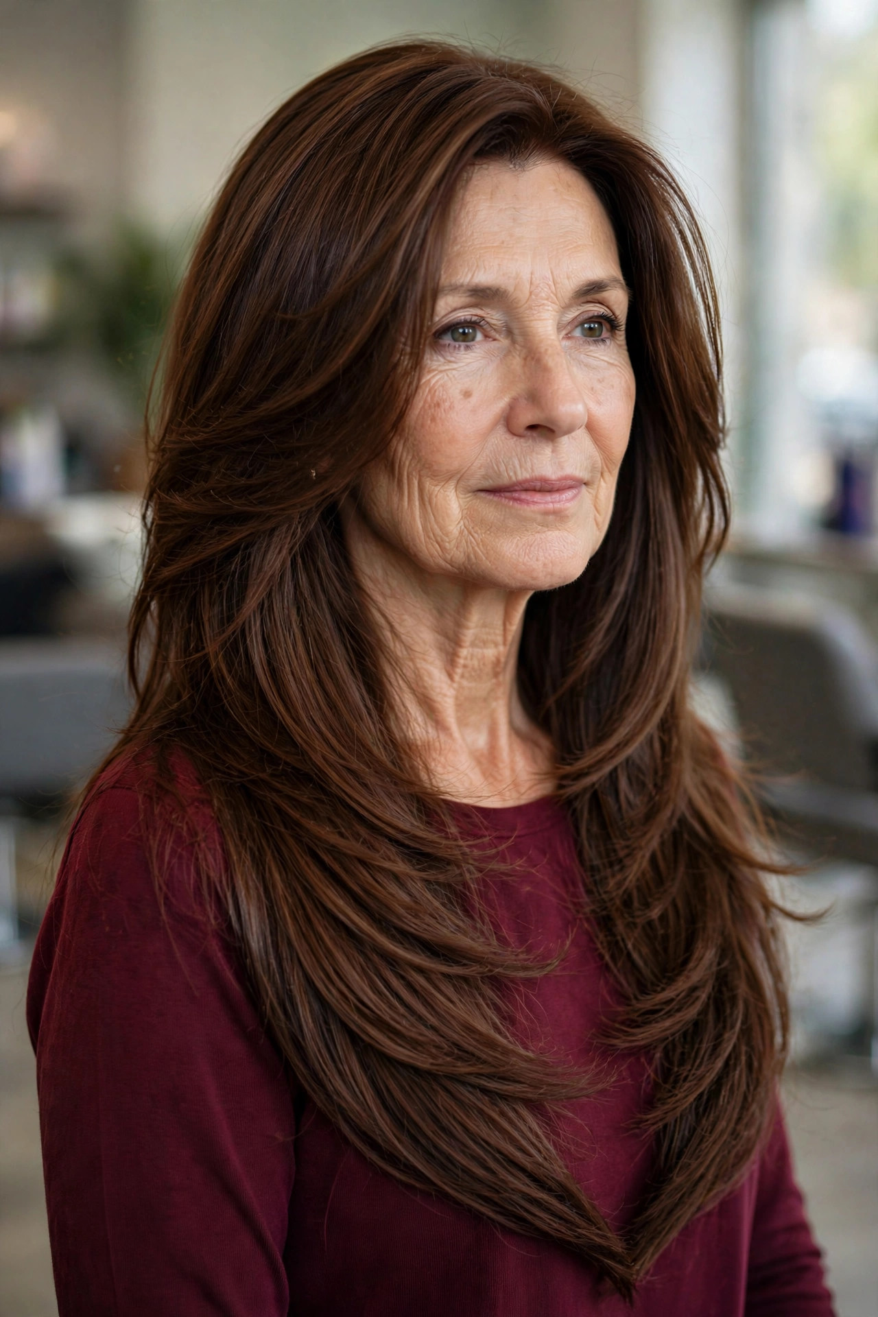 V-cut long layers in rich chestnut brown on a woman over 50