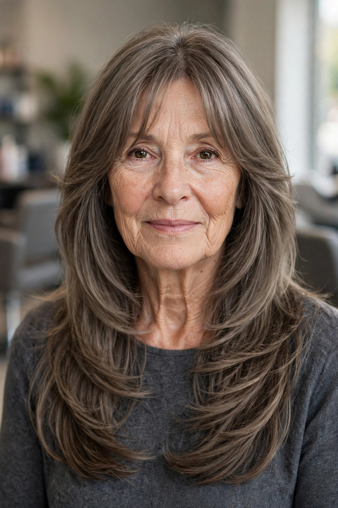 Cascading front layers with curtain bangs on a woman over 50