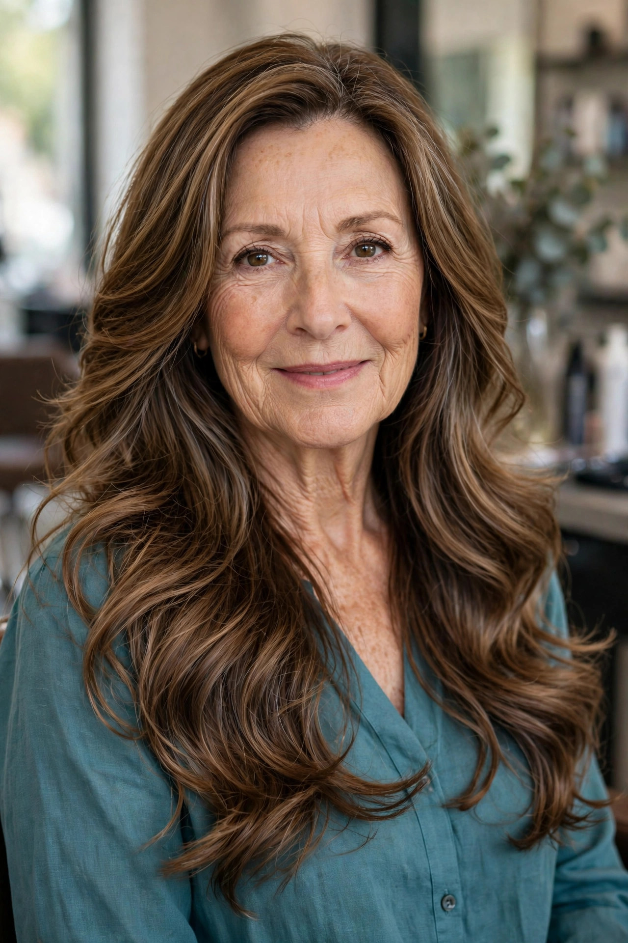 Waterfall layers with soft waves on a woman over 50