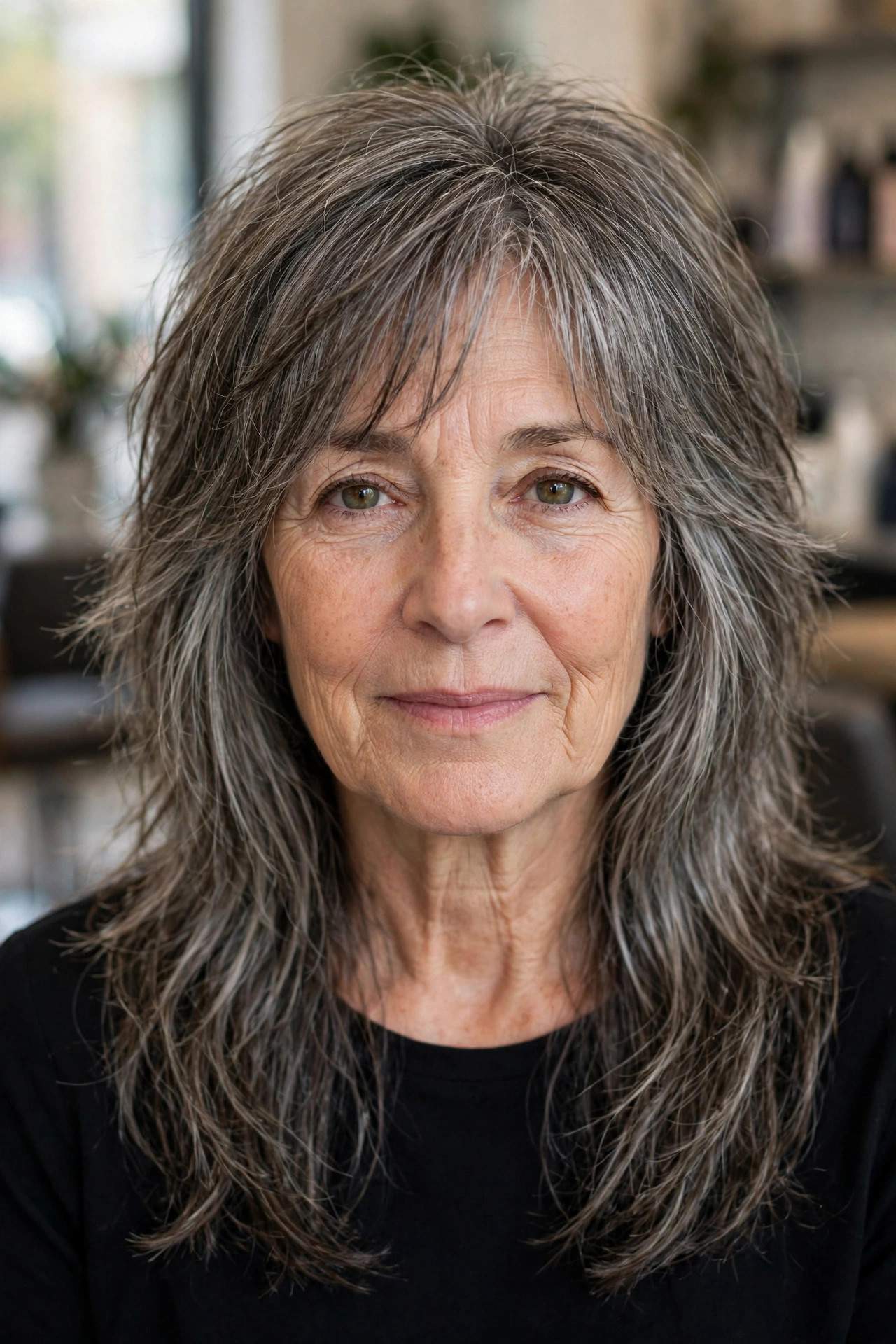 Long shag layers with wispy bangs in salt and pepper hair on a woman over 50