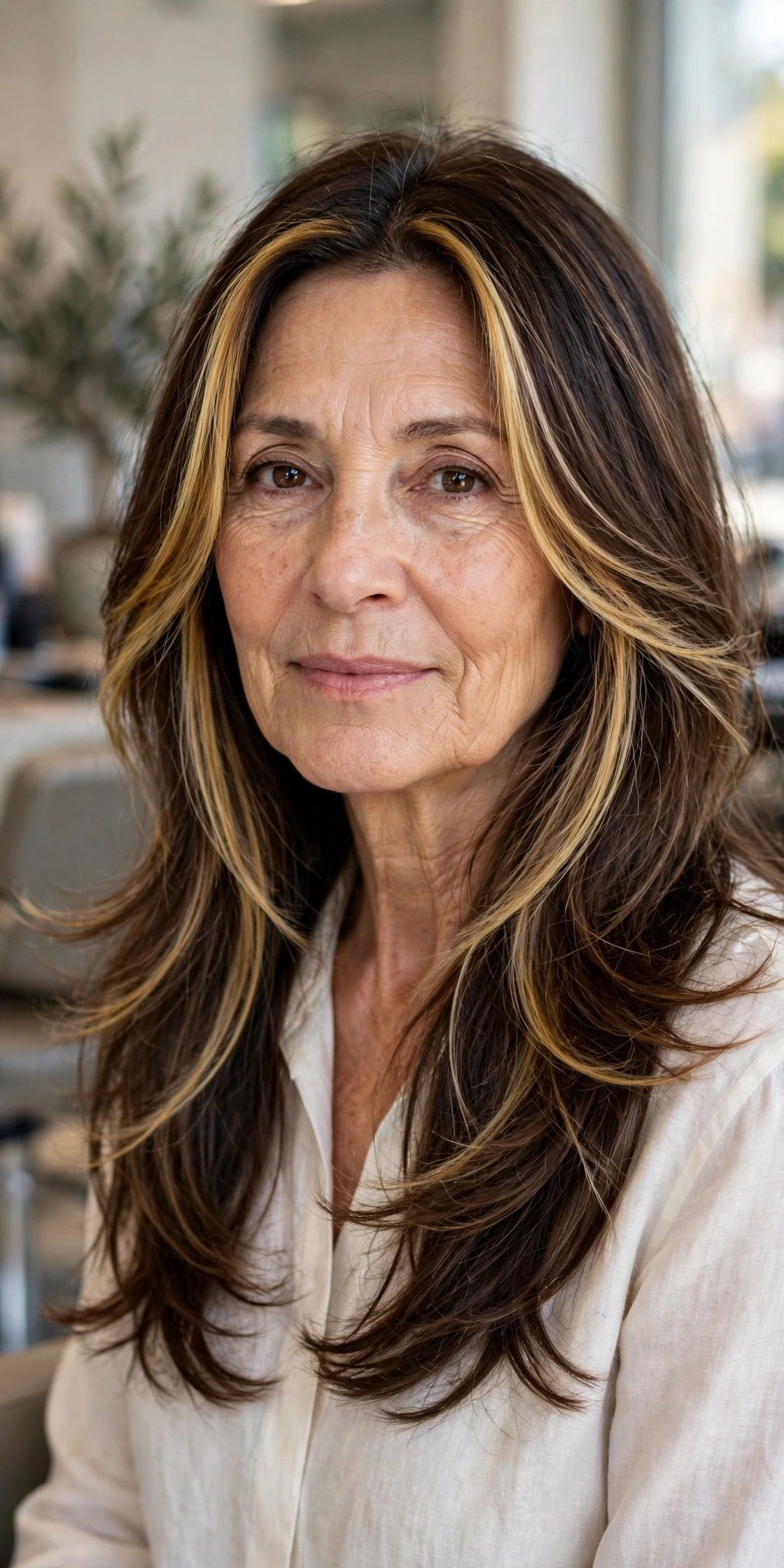 Face-framing long layers with golden highlights on a woman over 50