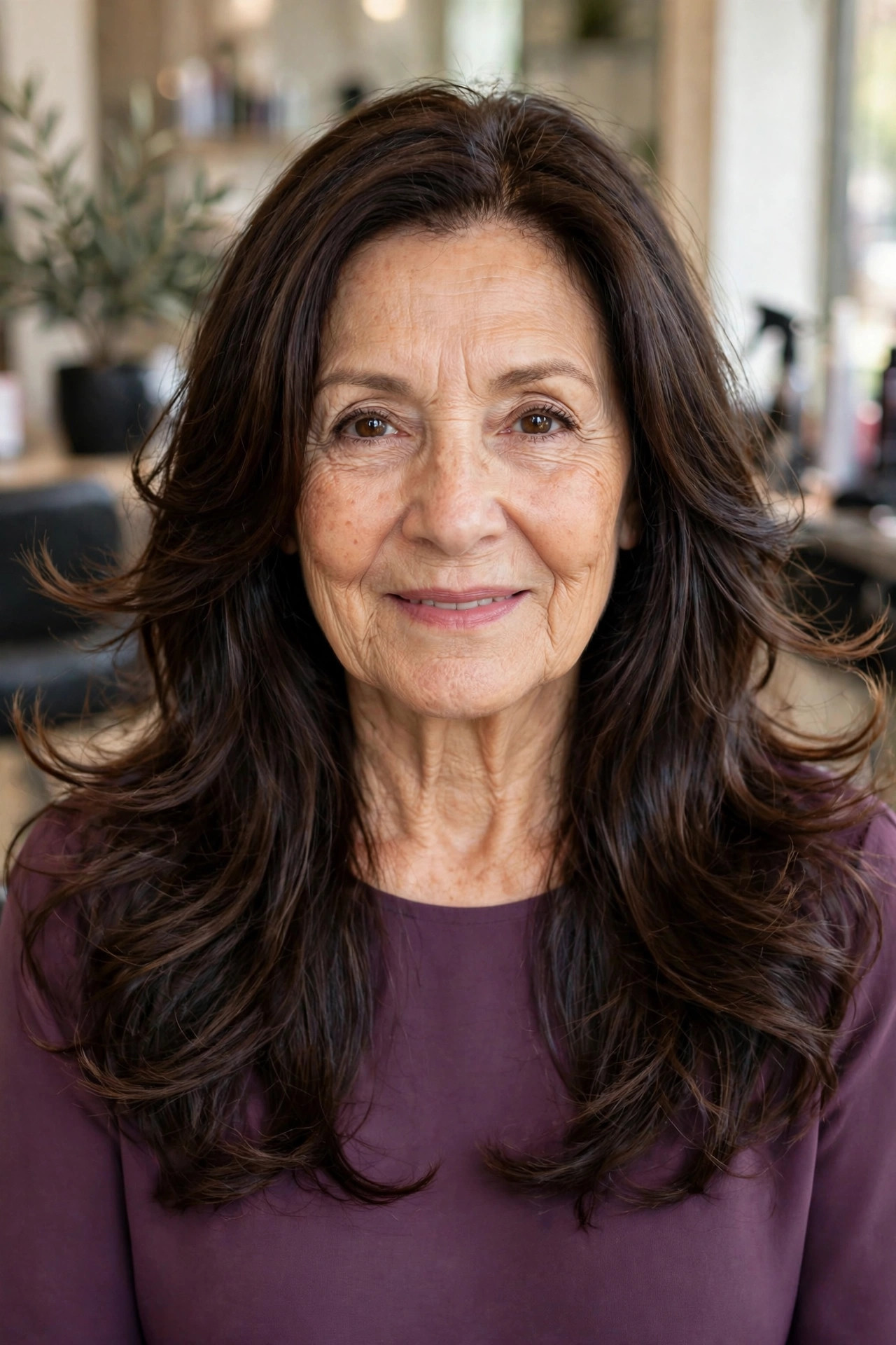 Long layers with flicked-out ends on a woman over 50