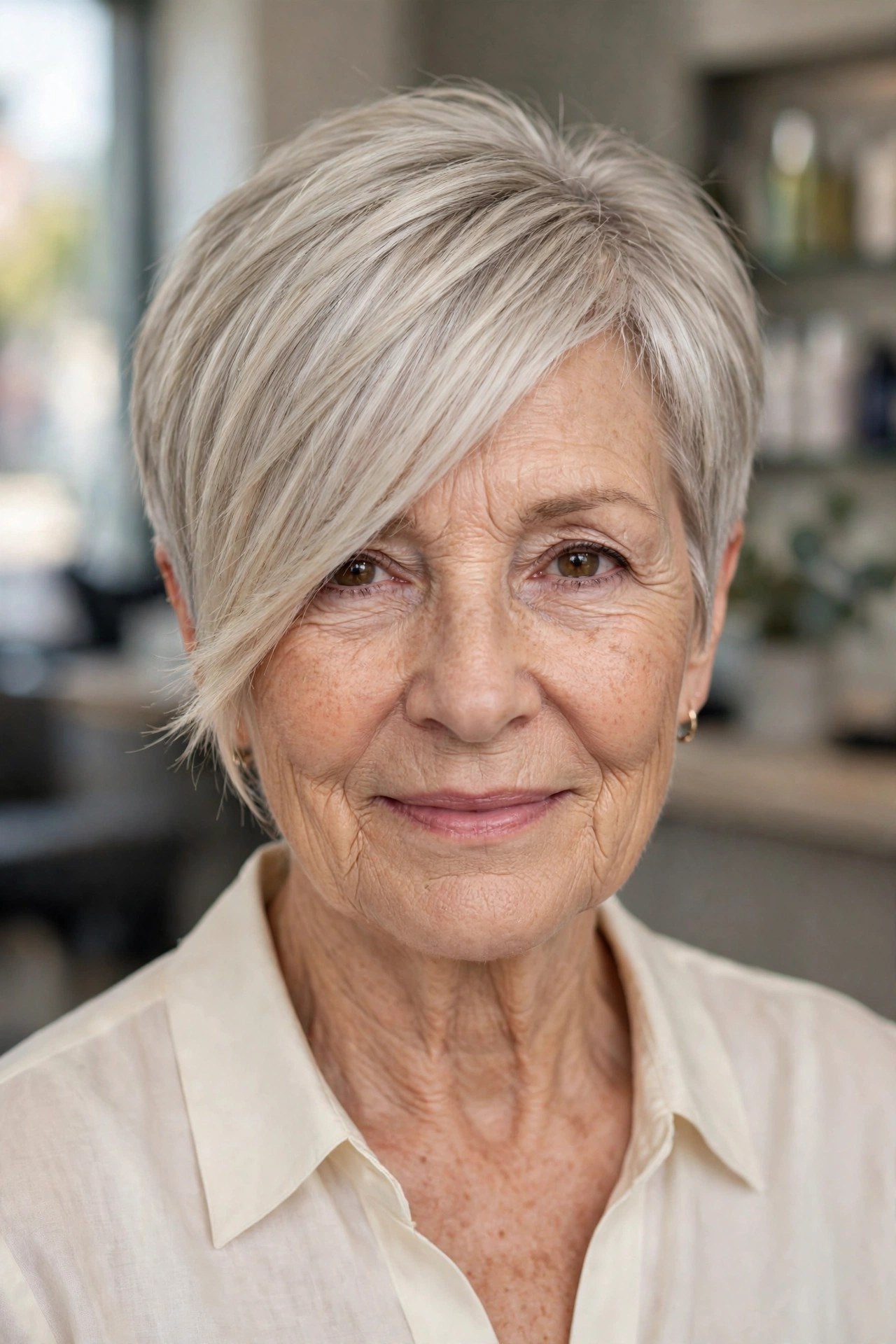 Classic side-swept long pixie haircut on a woman over 50 with silver blonde hair