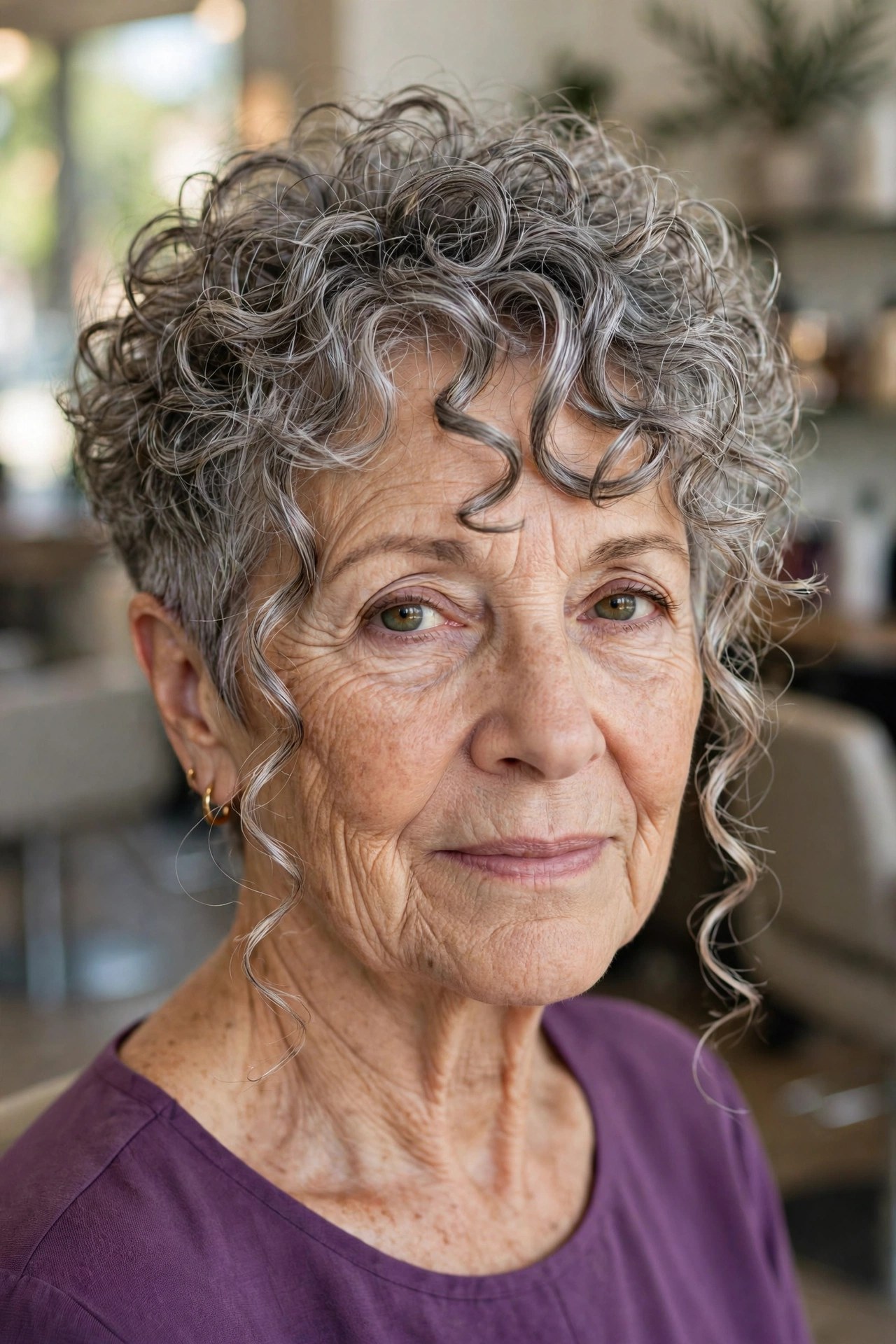 Curly long pixie haircut on a woman over 50 with natural gray curls