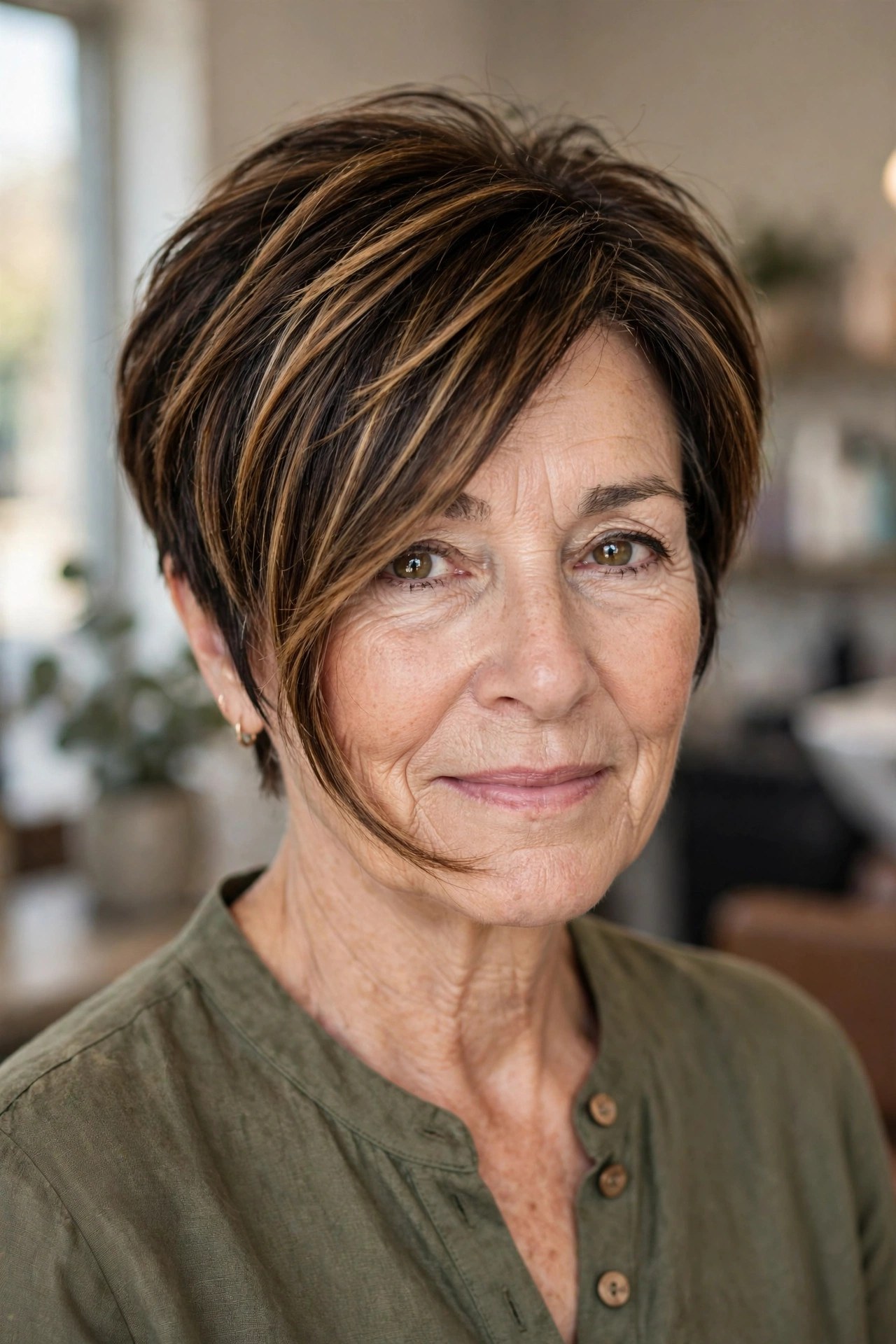 Long pixie haircut with caramel balayage on a woman over 50