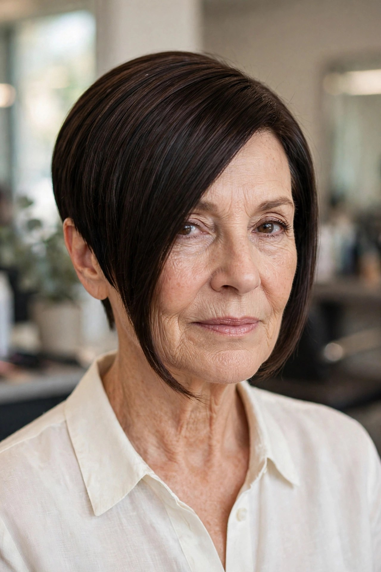 Sleek side-parted long pixie haircut on a woman over 50 with dark brunette hair