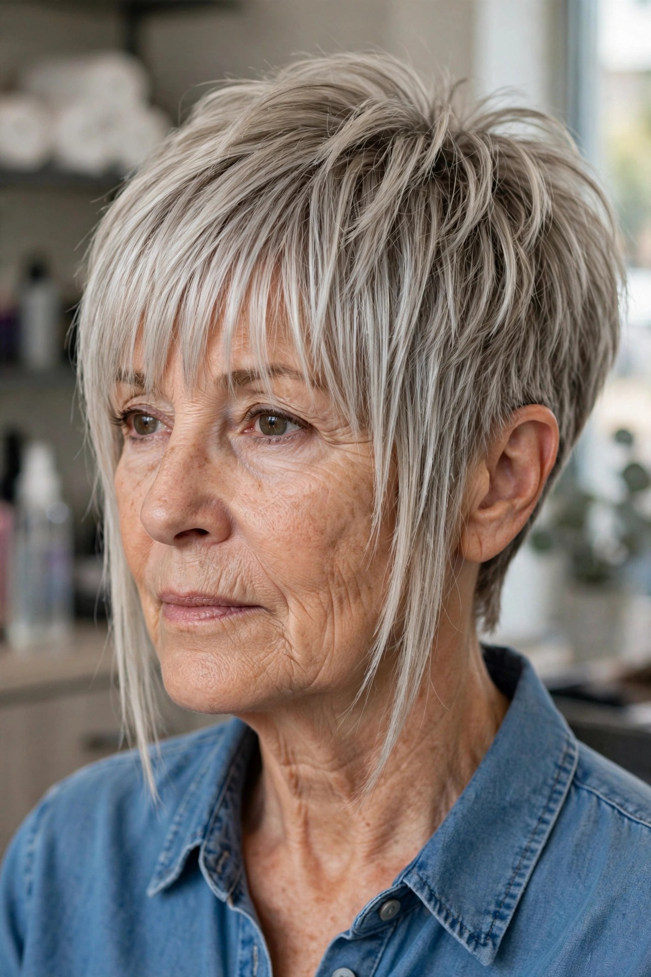 Textured long pixie haircut with piecey ends on a woman over 50 with ash blonde hair