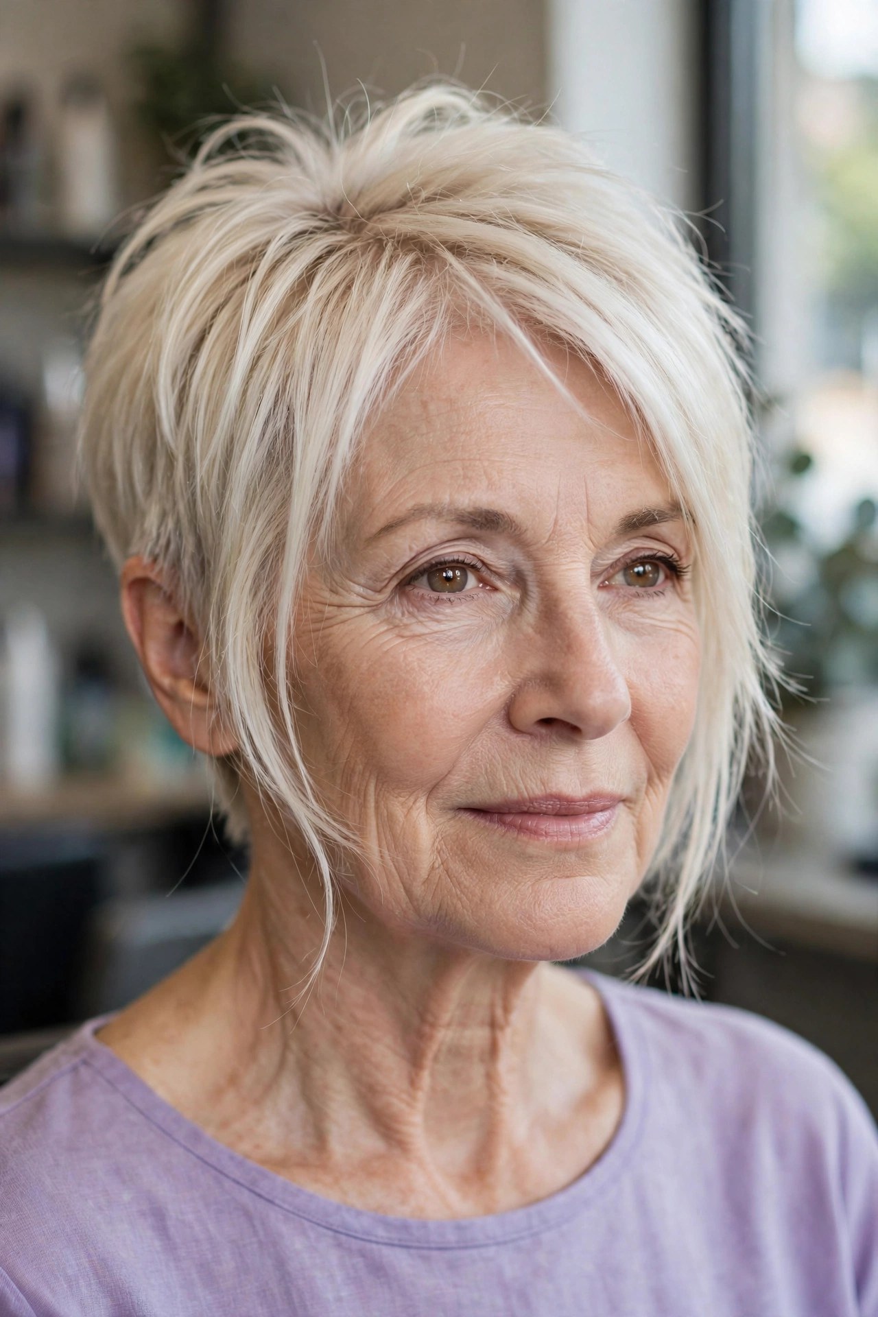 Long pixie haircut for fine hair with root lift on a woman over 50 with platinum blonde hair