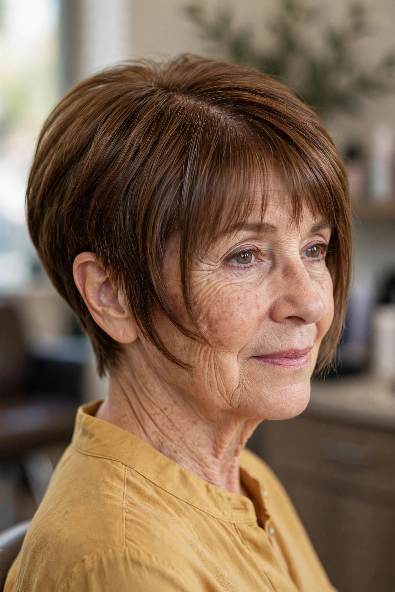 Long pixie haircut with a soft curtain fringe on a woman over 50 with chestnut hair