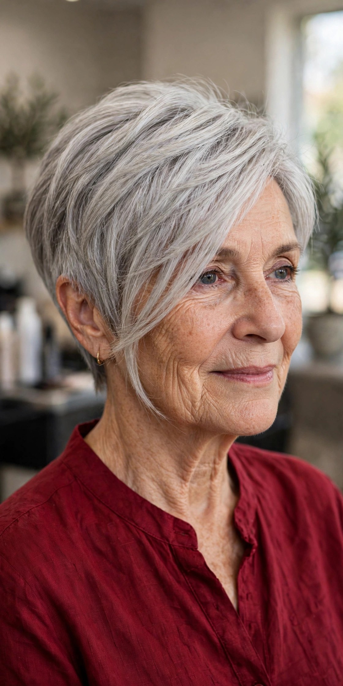 Silver long pixie haircut with a sweeping fringe on a woman over 50
