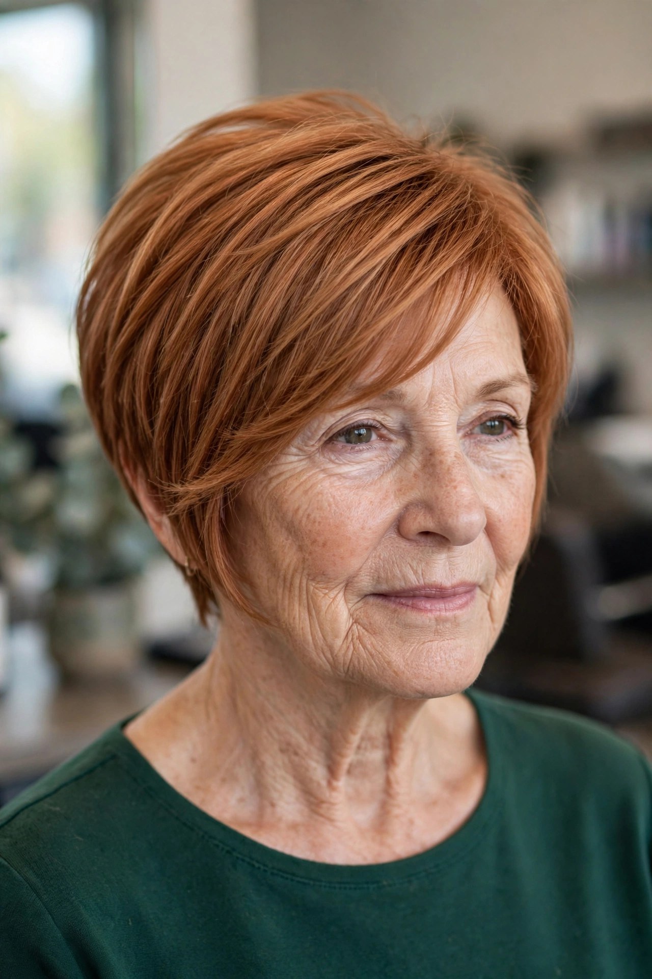 Long pixie haircut in warm copper tones on a woman over 50