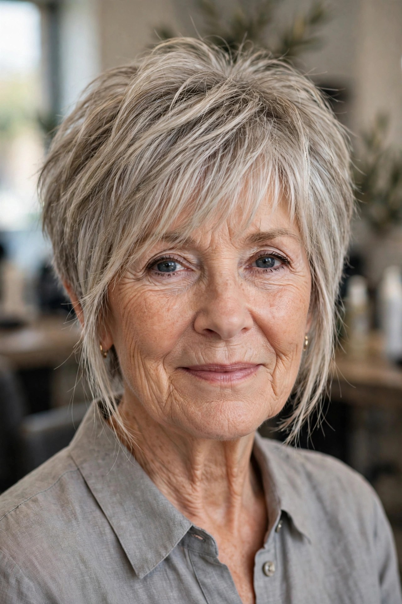 Shaggy long pixie haircut with wispy layers on a woman over 50 with gray blonde hair