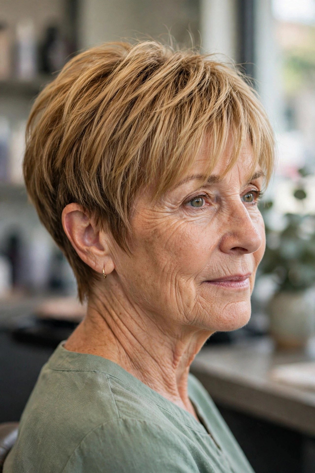 Softly layered long pixie with wispy bangs on a woman over 50 with honey blonde hair